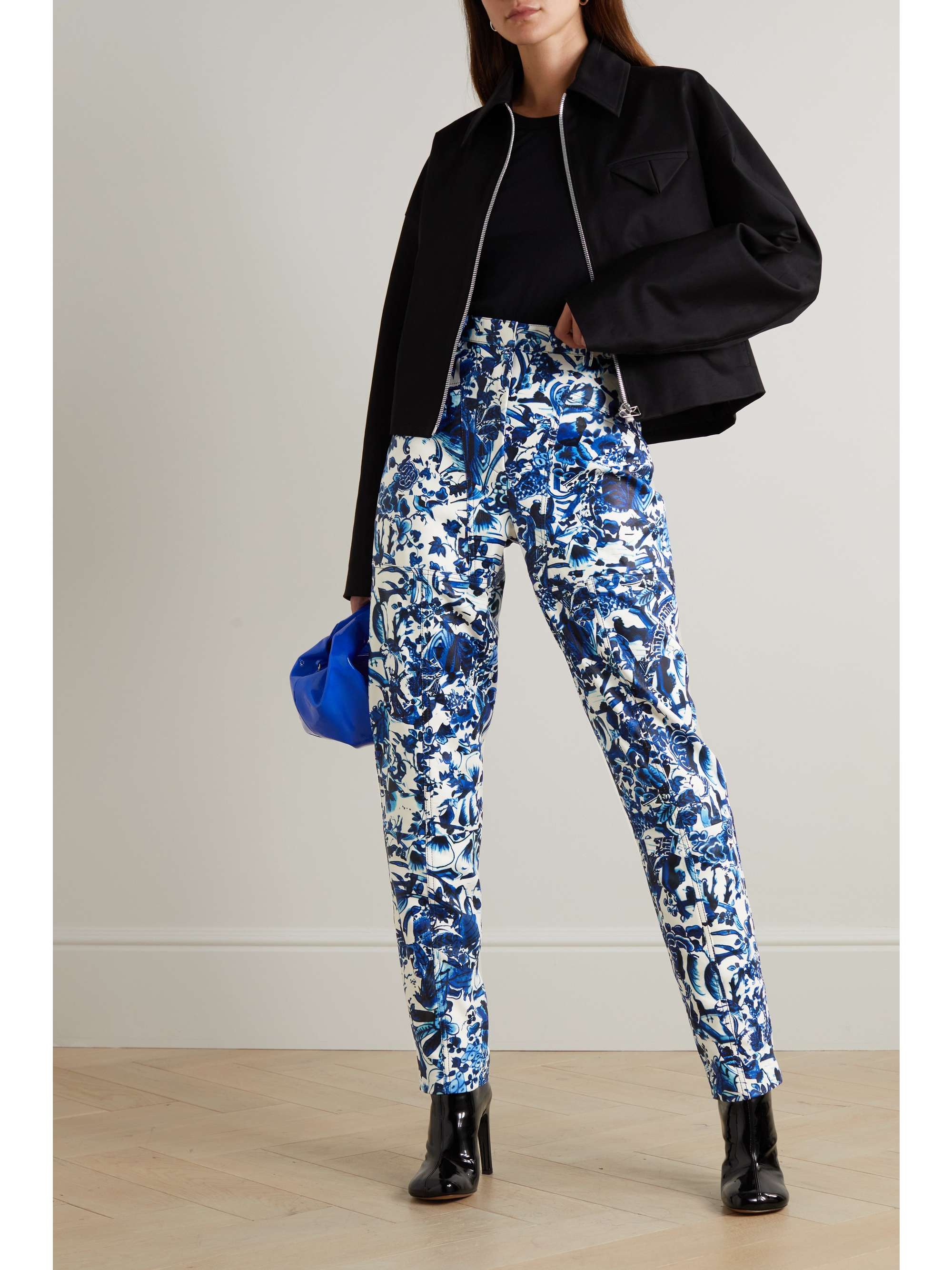 Floral print leather tapered pants
