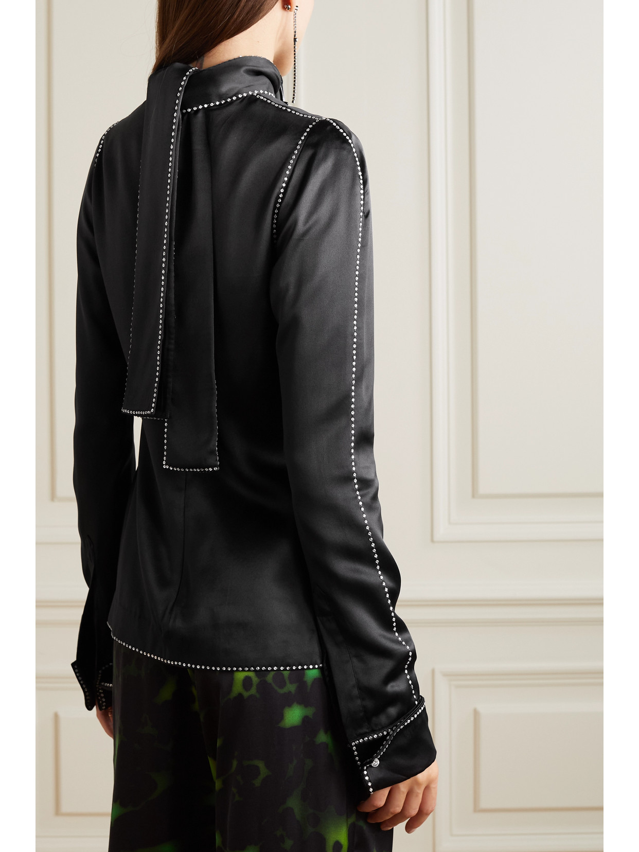 Tie-Detailed Crystal-Embellished Duchesse Silk-Satin Turtleneck Blouse