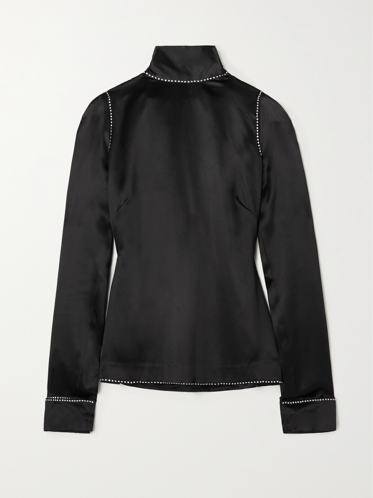 Tie-Detailed Crystal-Embellished Duchesse Silk-Satin Turtleneck Blouse