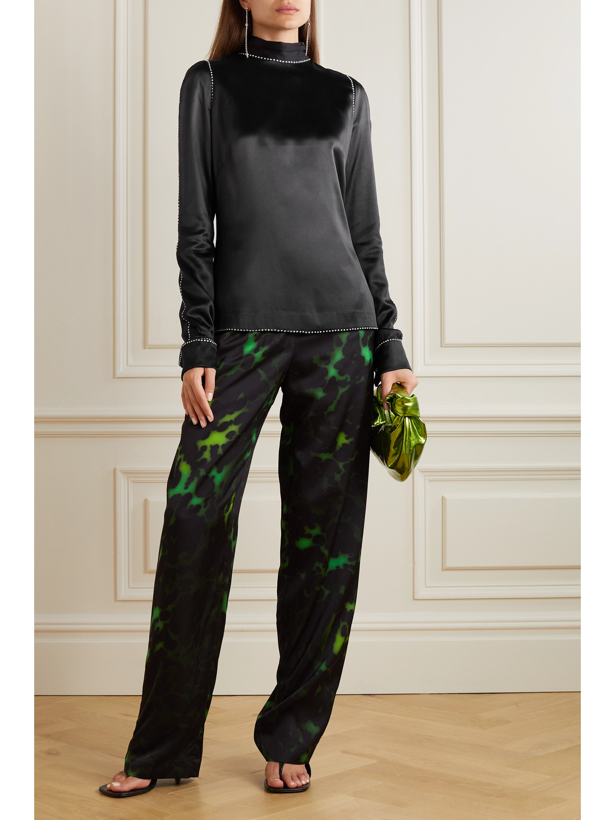 Tie-Detailed Crystal-Embellished Duchesse Silk-Satin Turtleneck Blouse