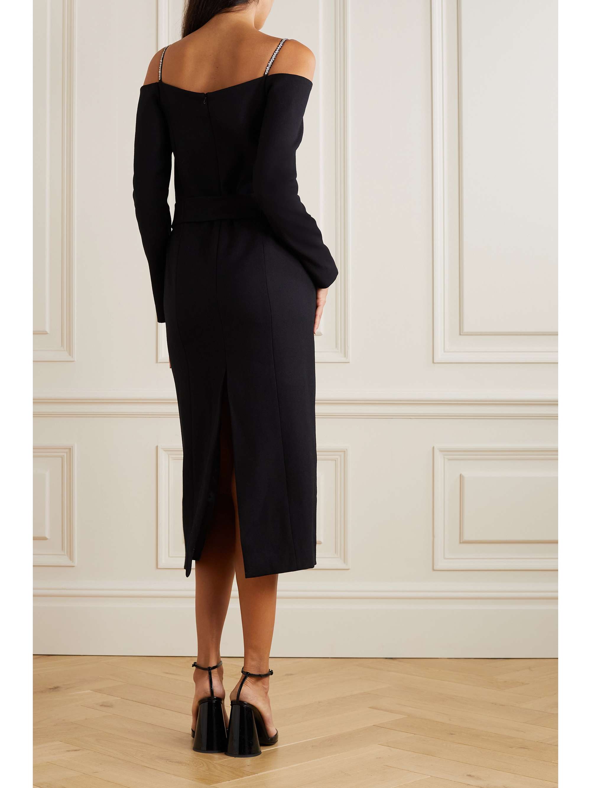 DRIES VAN NOTEN Cold-shoulder embellished wool and silk-blend gabardine dress