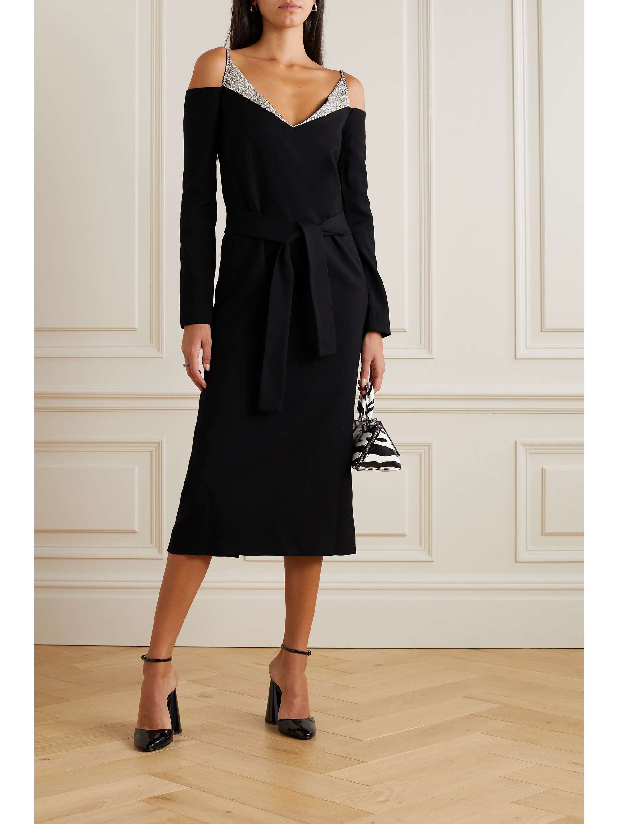 DRIES VAN NOTEN Cold-shoulder embellished wool and silk-blend gabardine dress