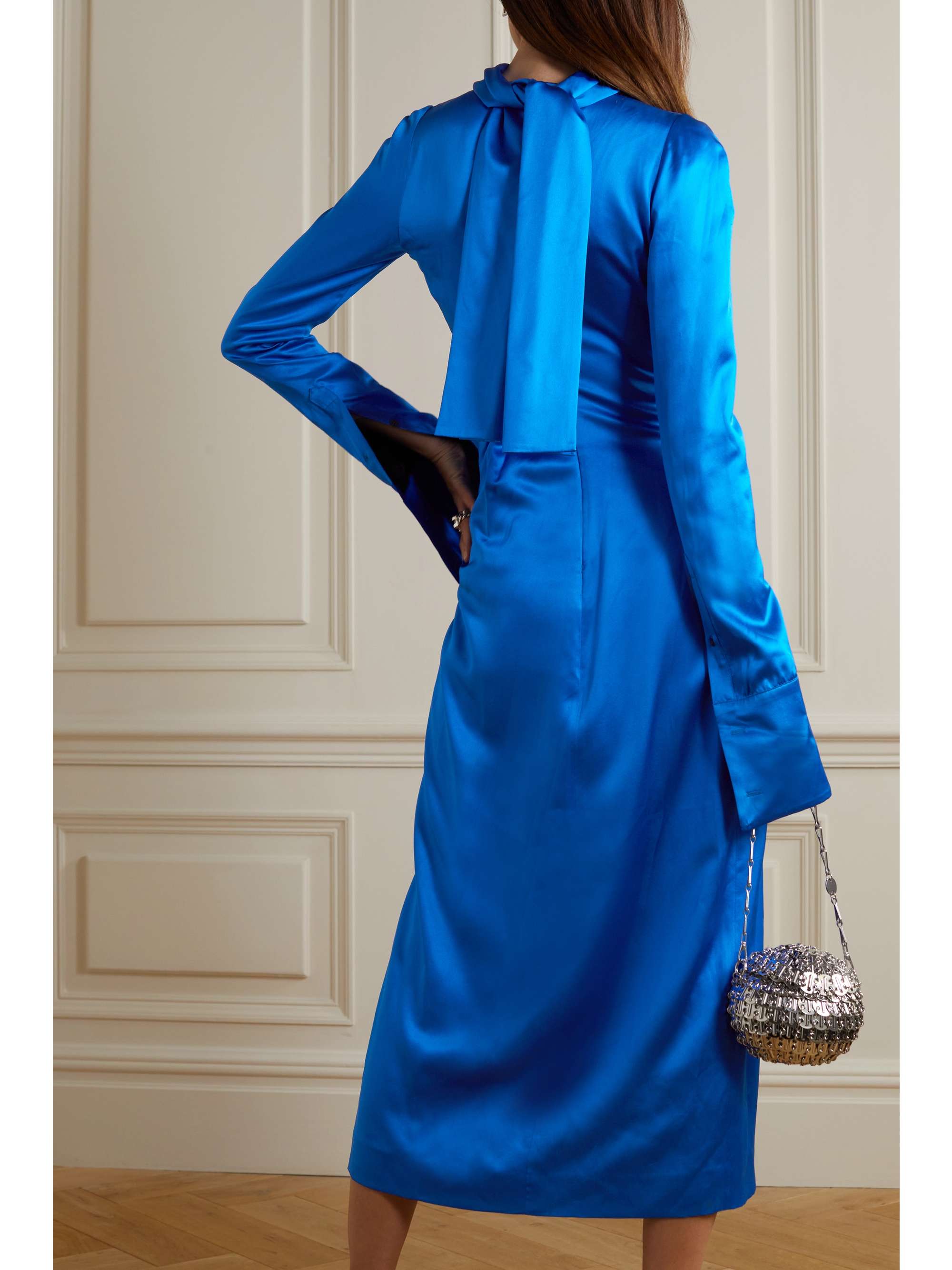 Blue Gathered silk-satin midi dress | DRIES VAN NOTEN | NET-A-PORTER