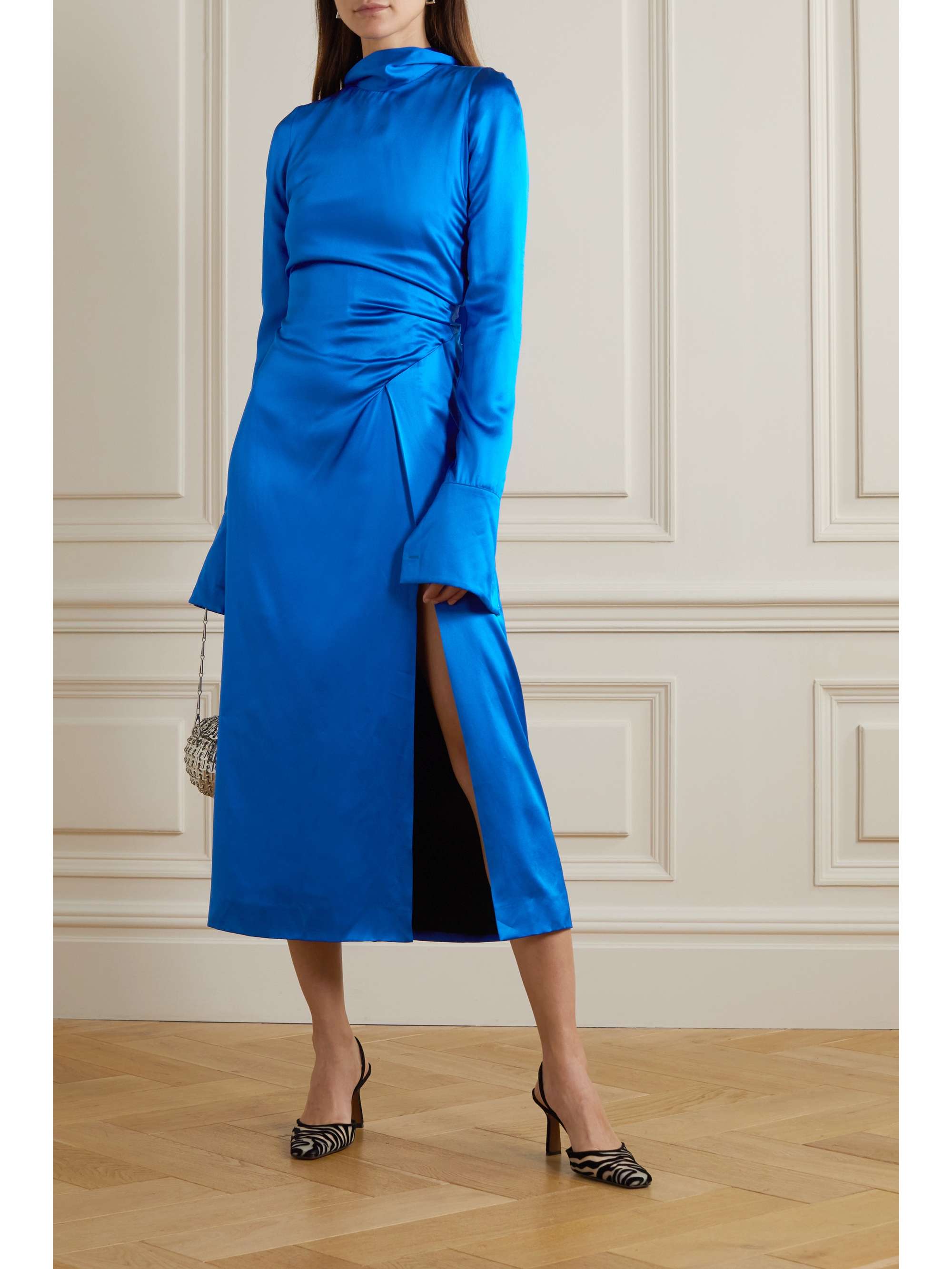 DRIES VAN NOTEN 缩褶丝缎中长连衣裙