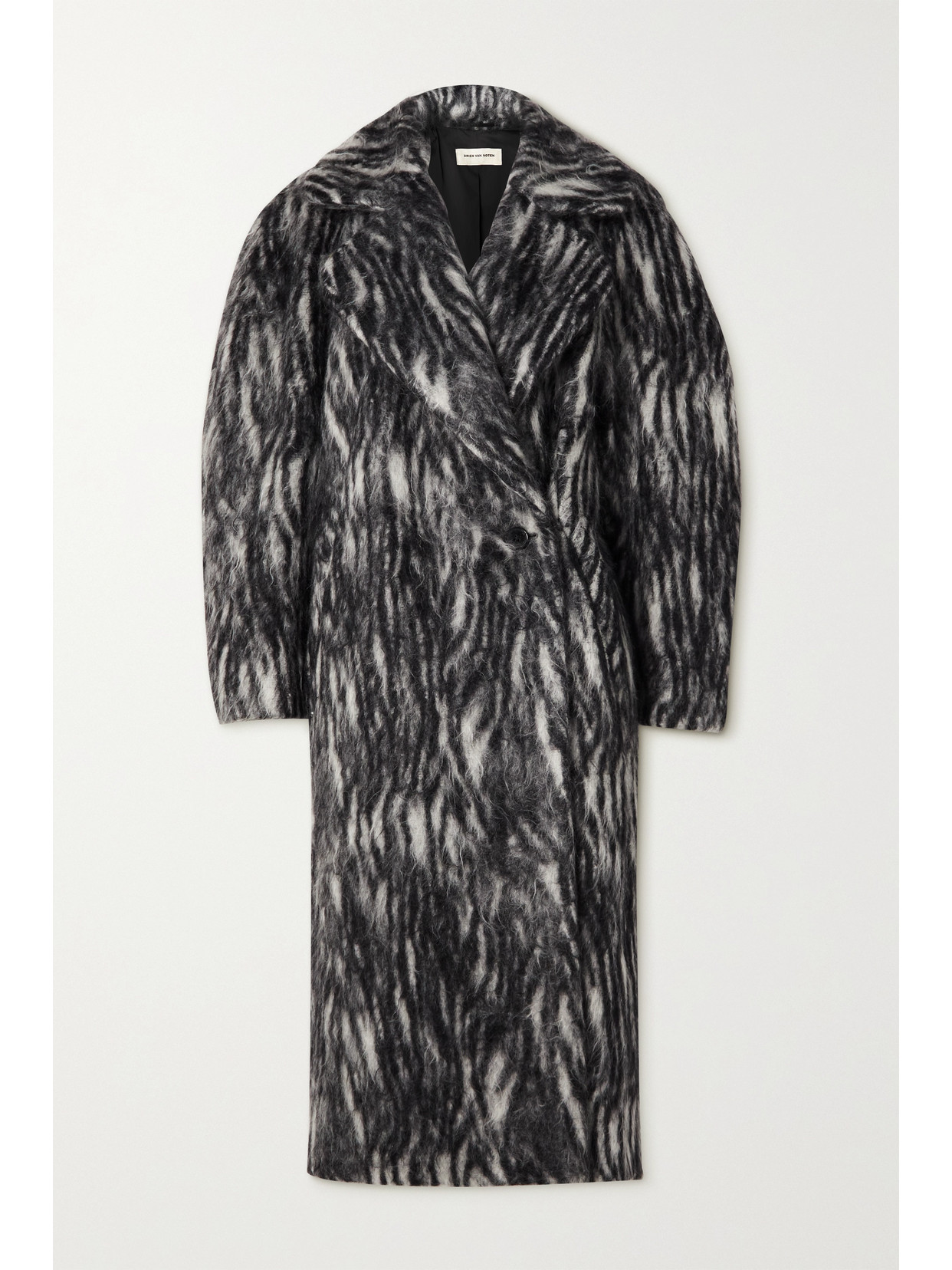Dries Van Noten Royal Zebra Oversized Mohair Coat In Black
