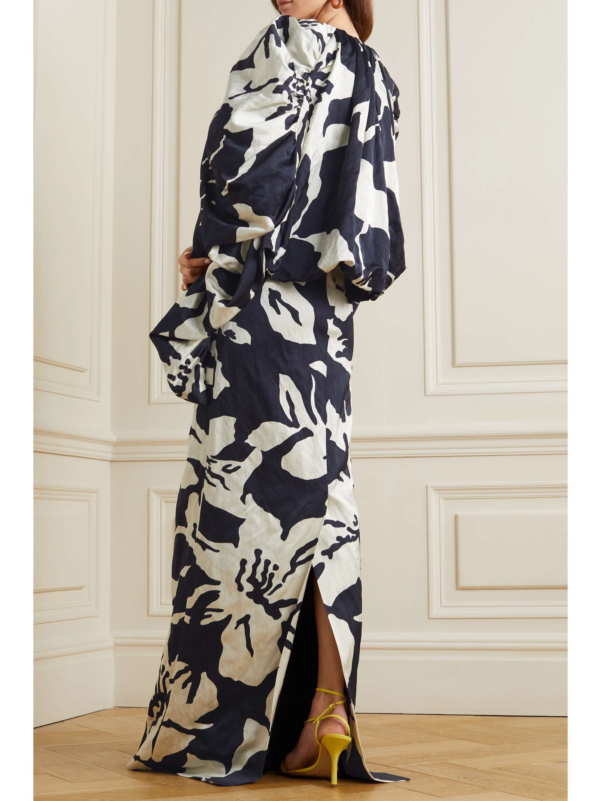 DRIES VAN NOTEN Gathered floral-print satin gown