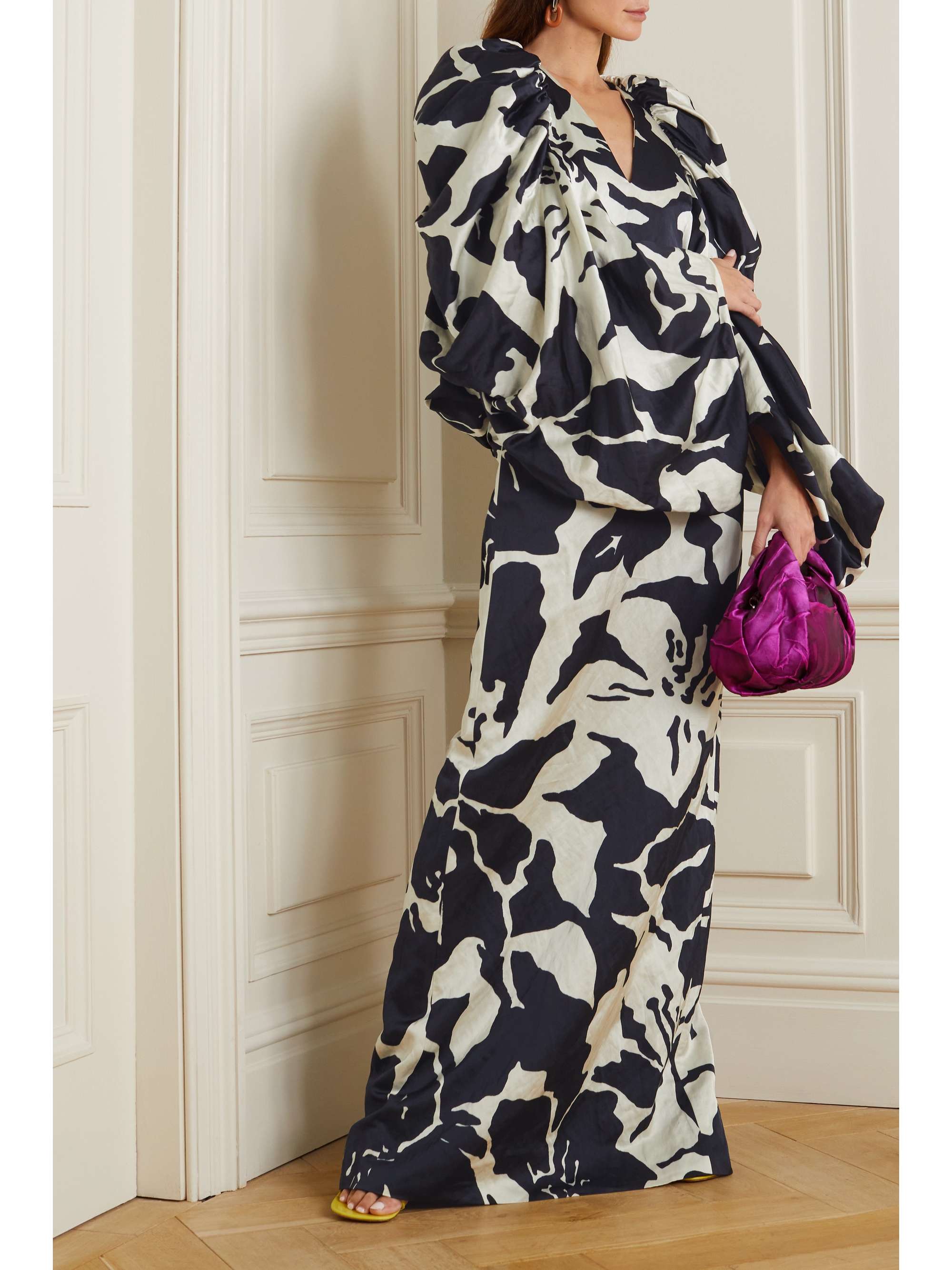 Gathered floral-print satin gown