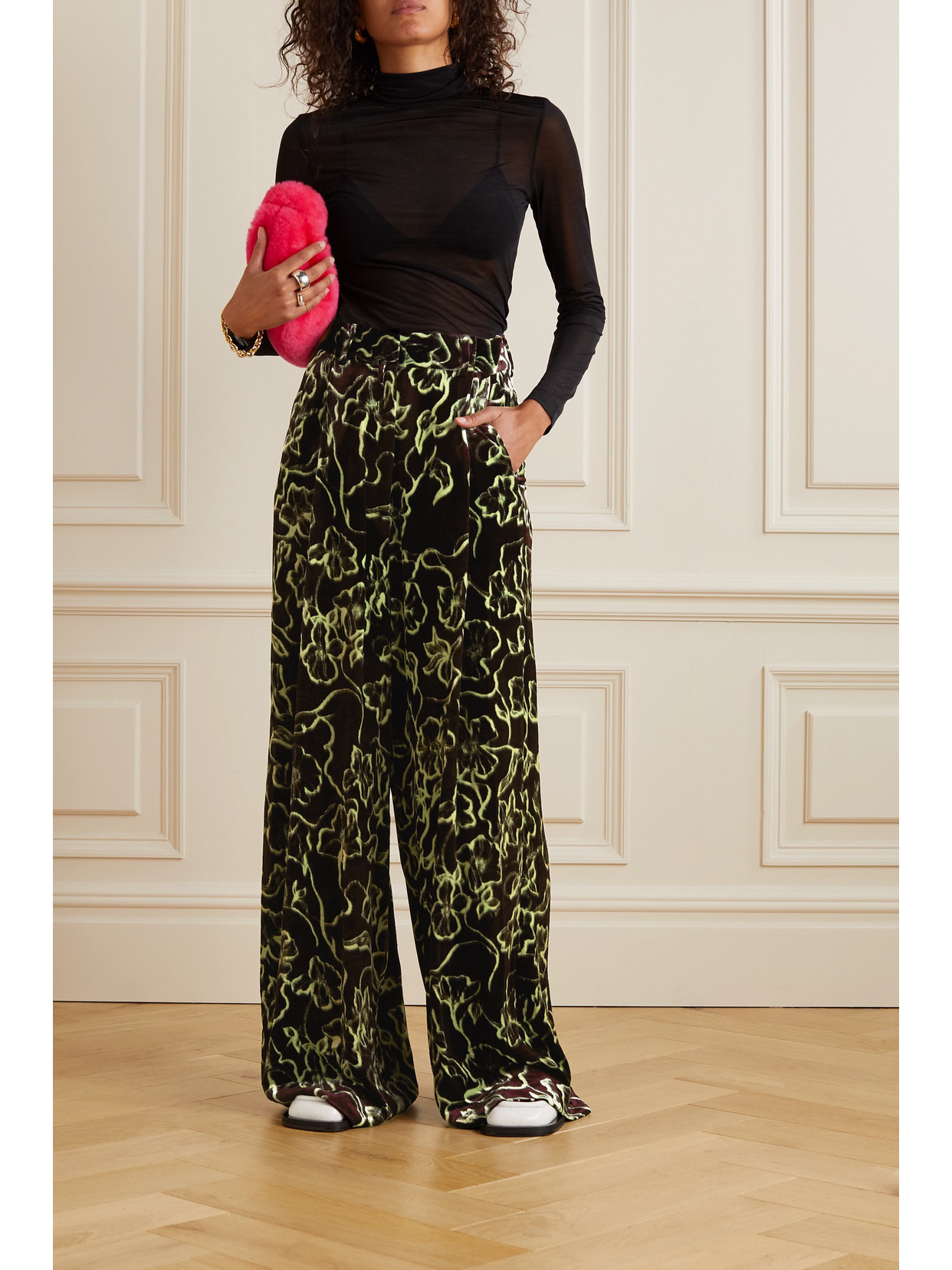 Floral-print Velvet Wide-leg Pants In Black