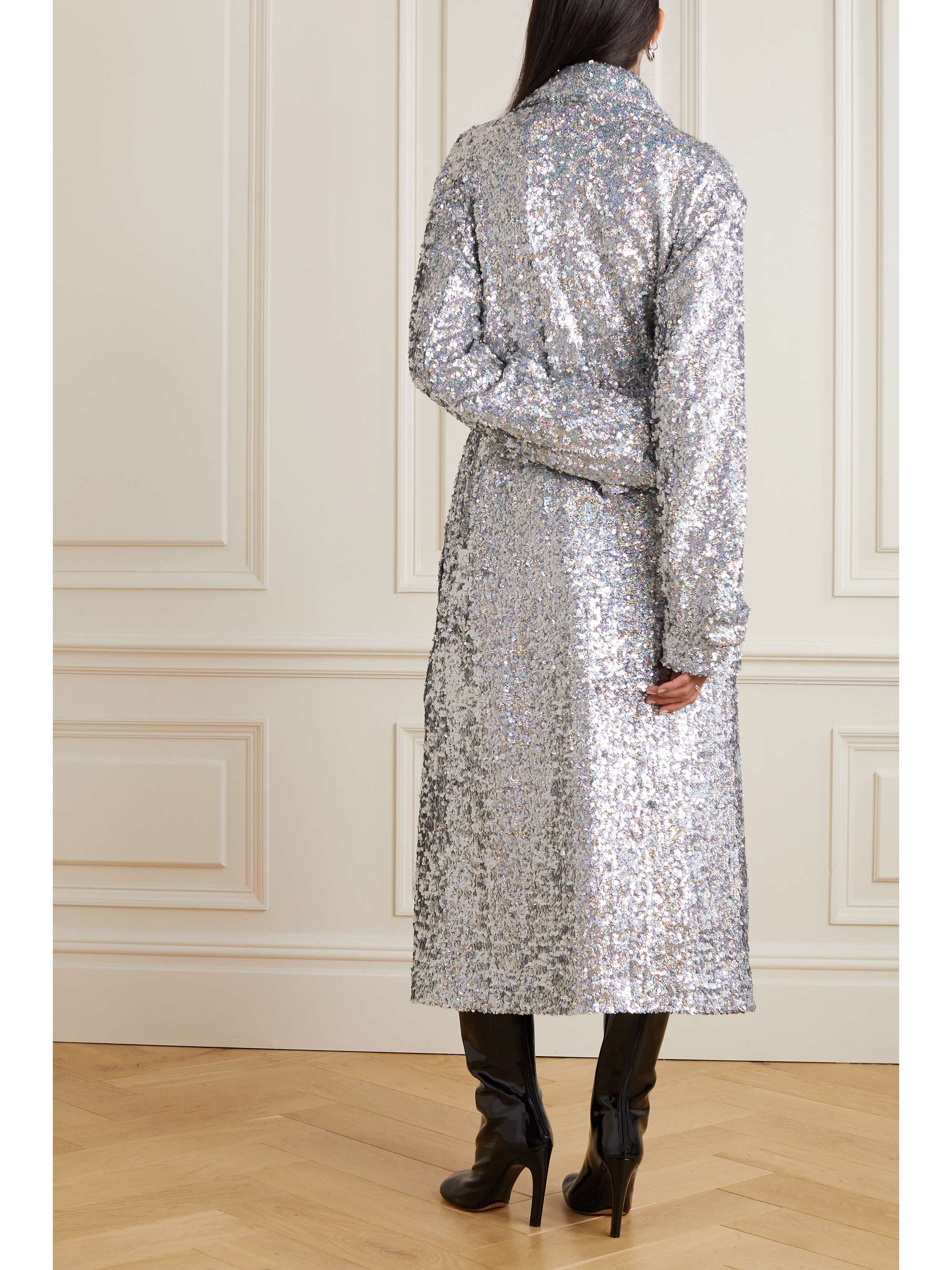 DRIES VAN NOTEN Belted metallic sequined tulle trench coat