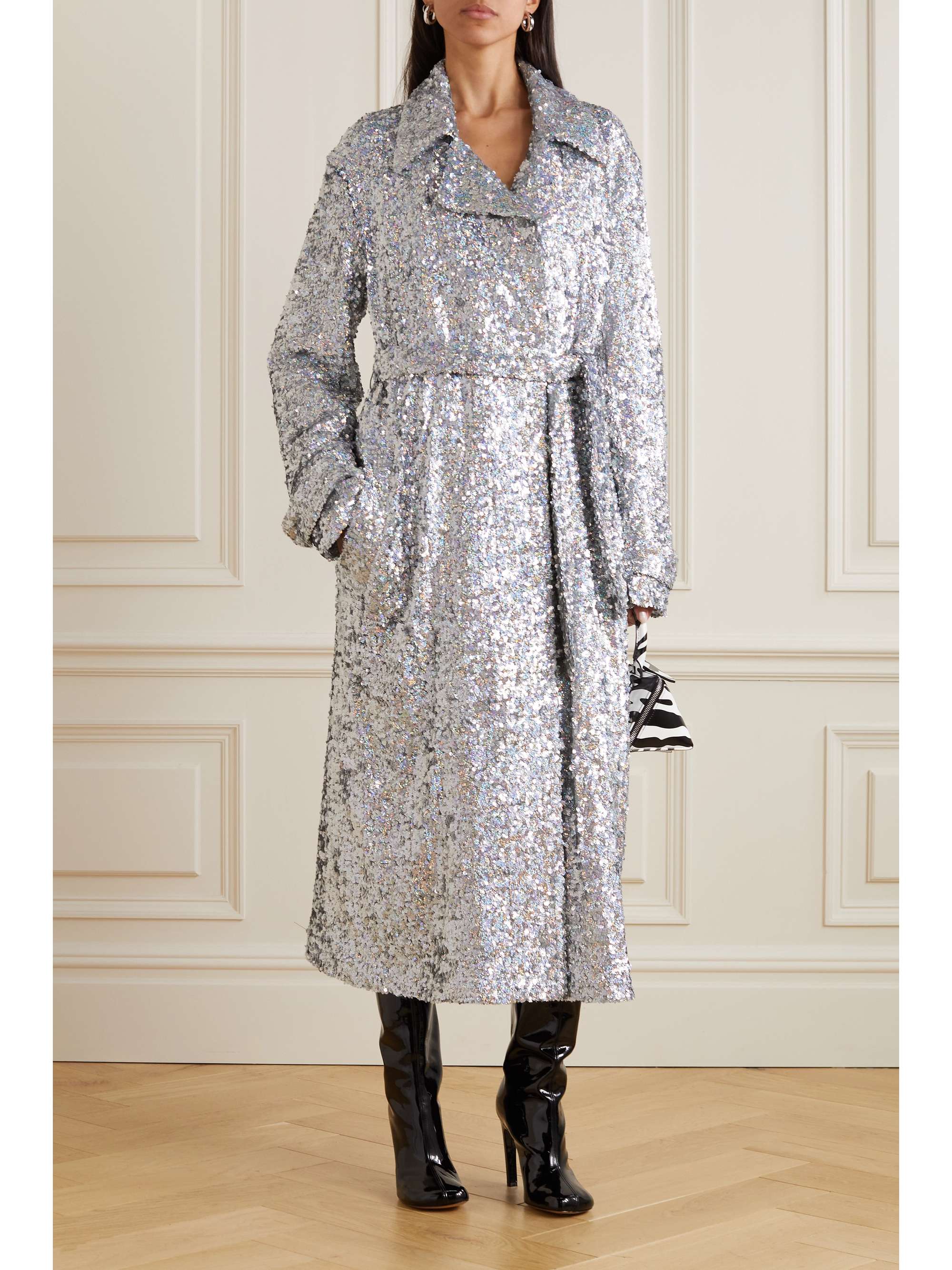 DRIES VAN NOTEN Belted metallic sequined tulle trench coat