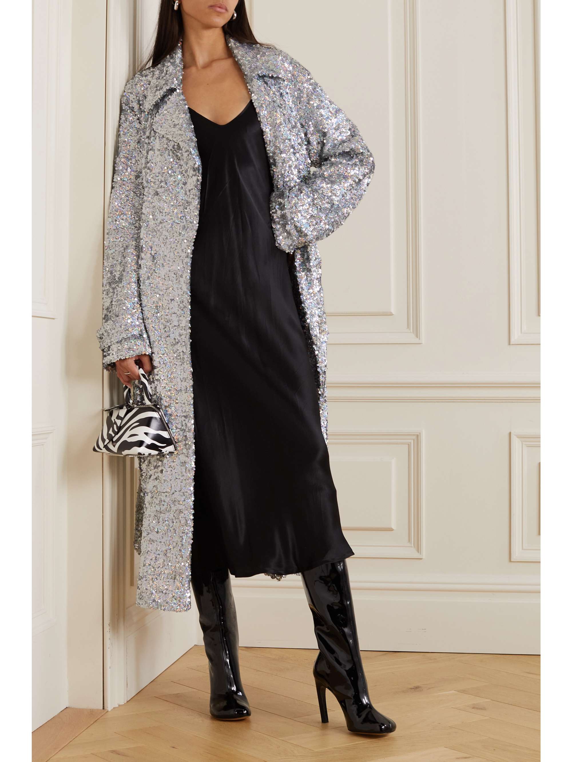 DRIES VAN NOTEN Belted metallic sequined tulle trench coat