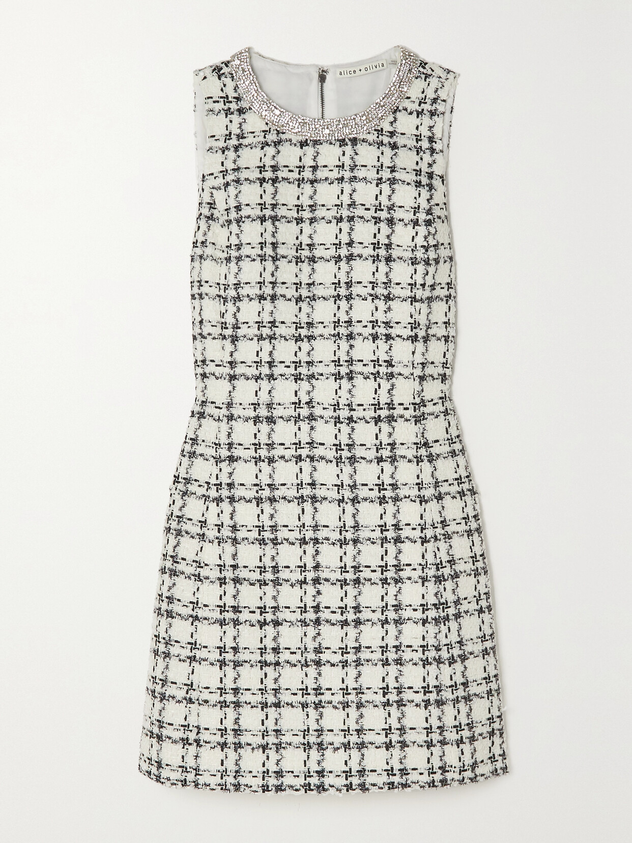 Shop Alice And Olivia Clyde Crystal-embellished Checked Tweed Mini Dress In Off-white