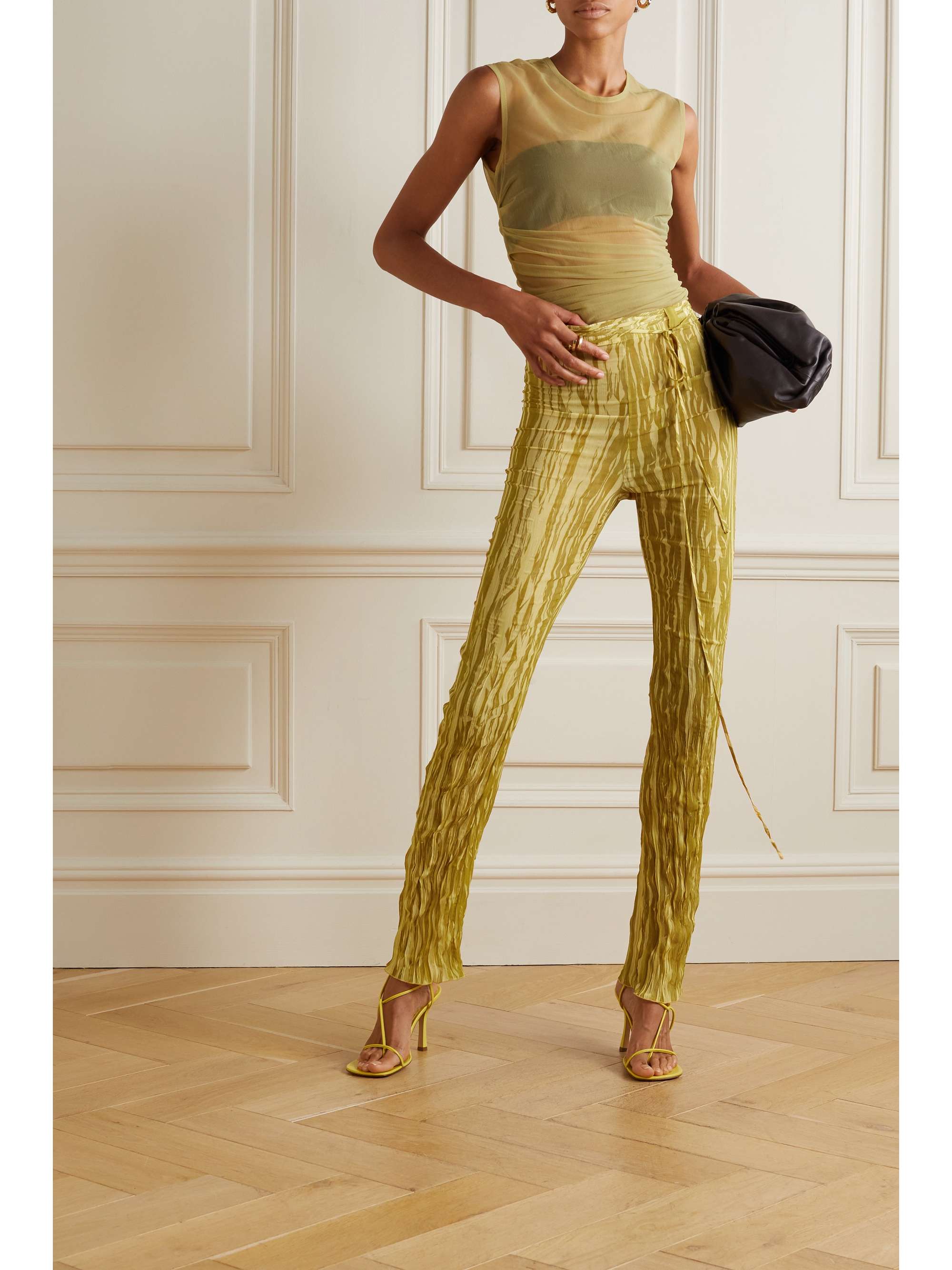 LAPOINTE Belted printed plissé-georgette slim-leg pants