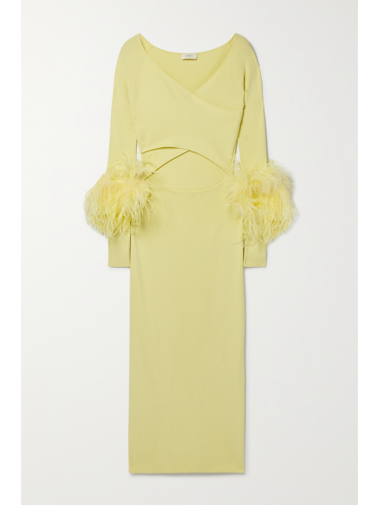 LAPOINTE Feather-embellished Cutout Ribbed-knit Midi Dress