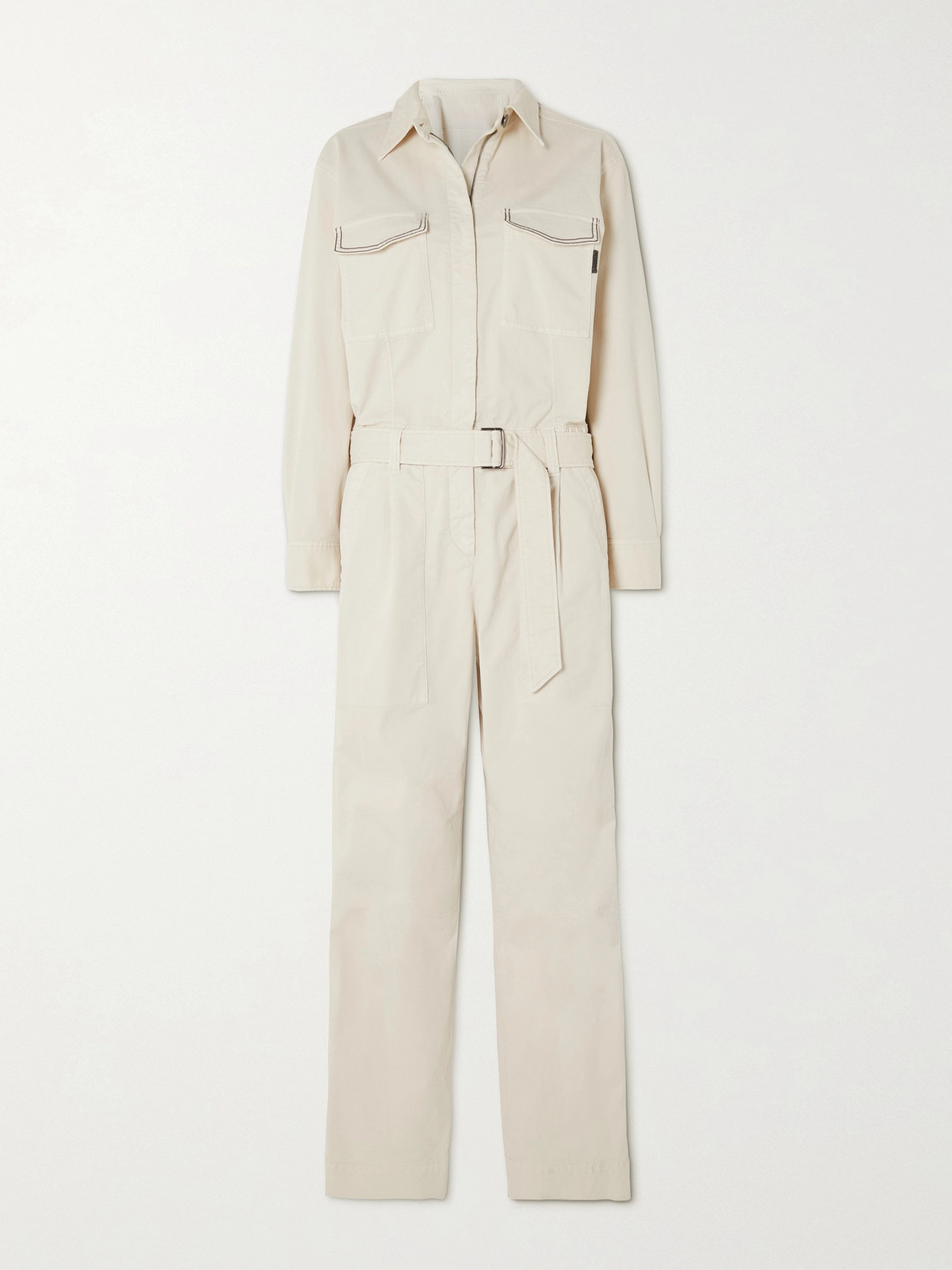Brunello Cucinelli Belted Bead-embellished Cotton-blend Drill Jumpsuit