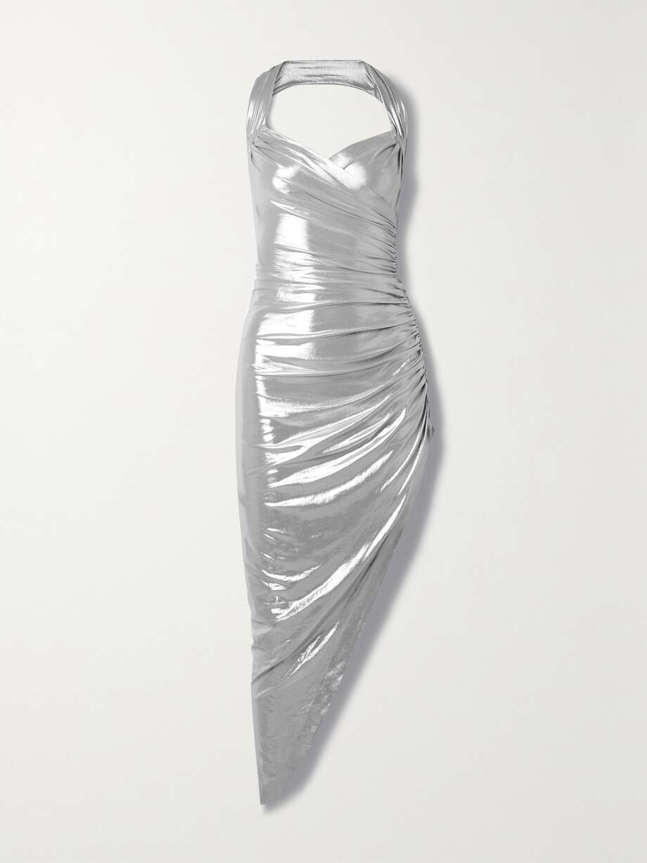 Silver Cayla asymmetric ruched stretch-lamÃ© halterneck dress | NORMA KAMALI | NET-A-PORTER