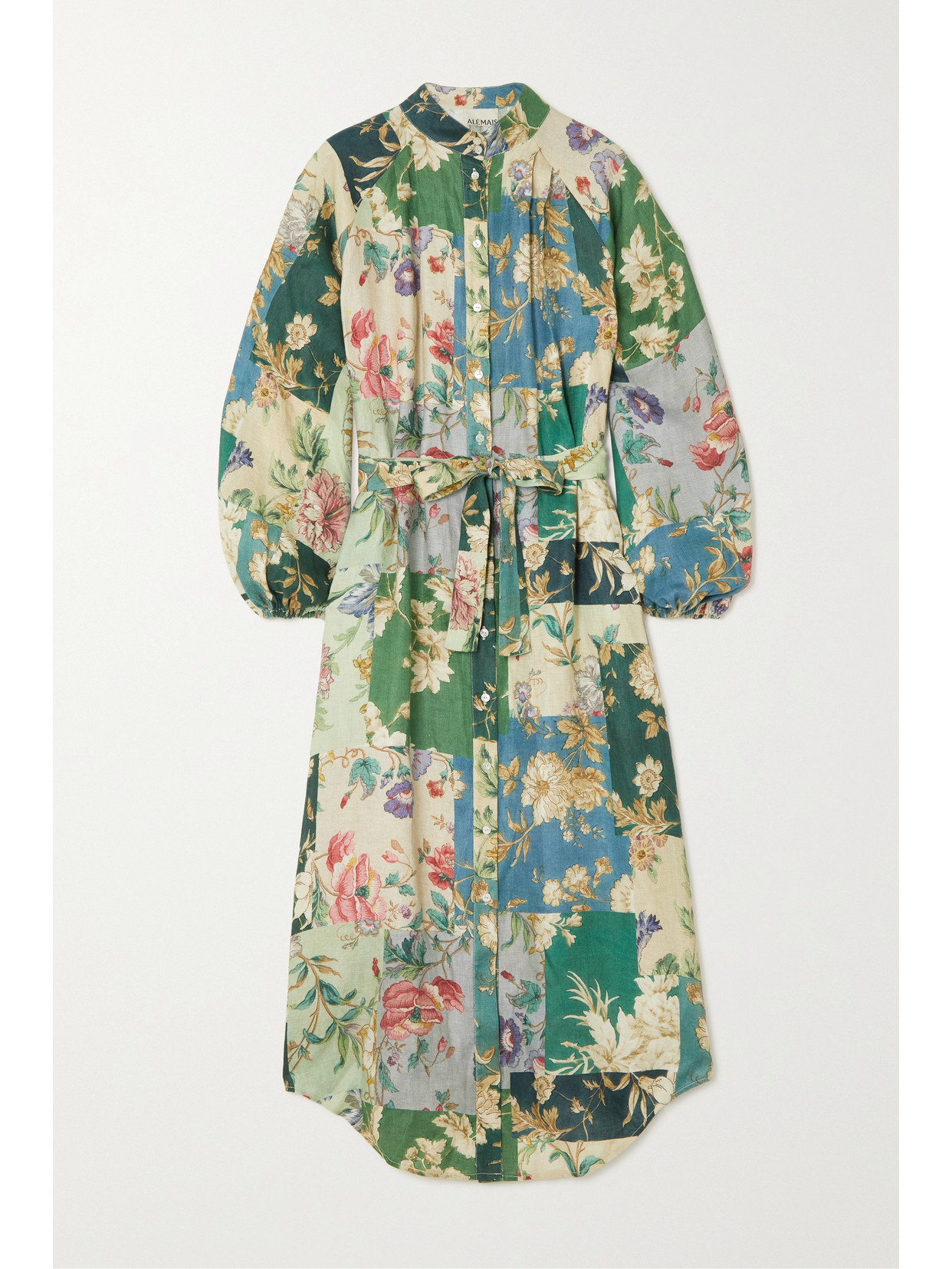 ALEMAIS LORETTA BELTED FLORAL-PRINT LINEN MIDI SHIRT DRESS