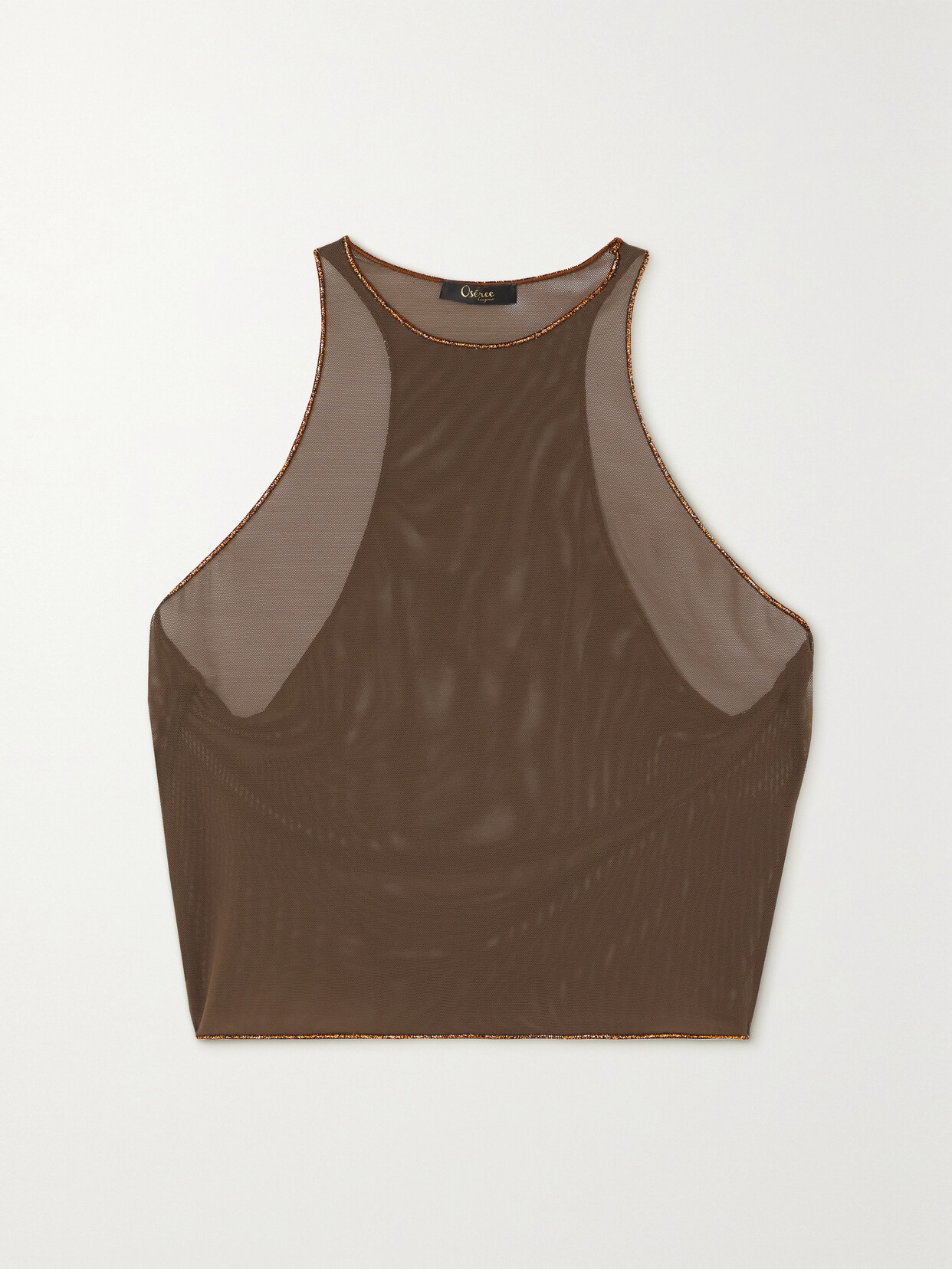 Oséree – Cropped Metallic Silk-trimmed Stretch-mesh Tank – Brown
