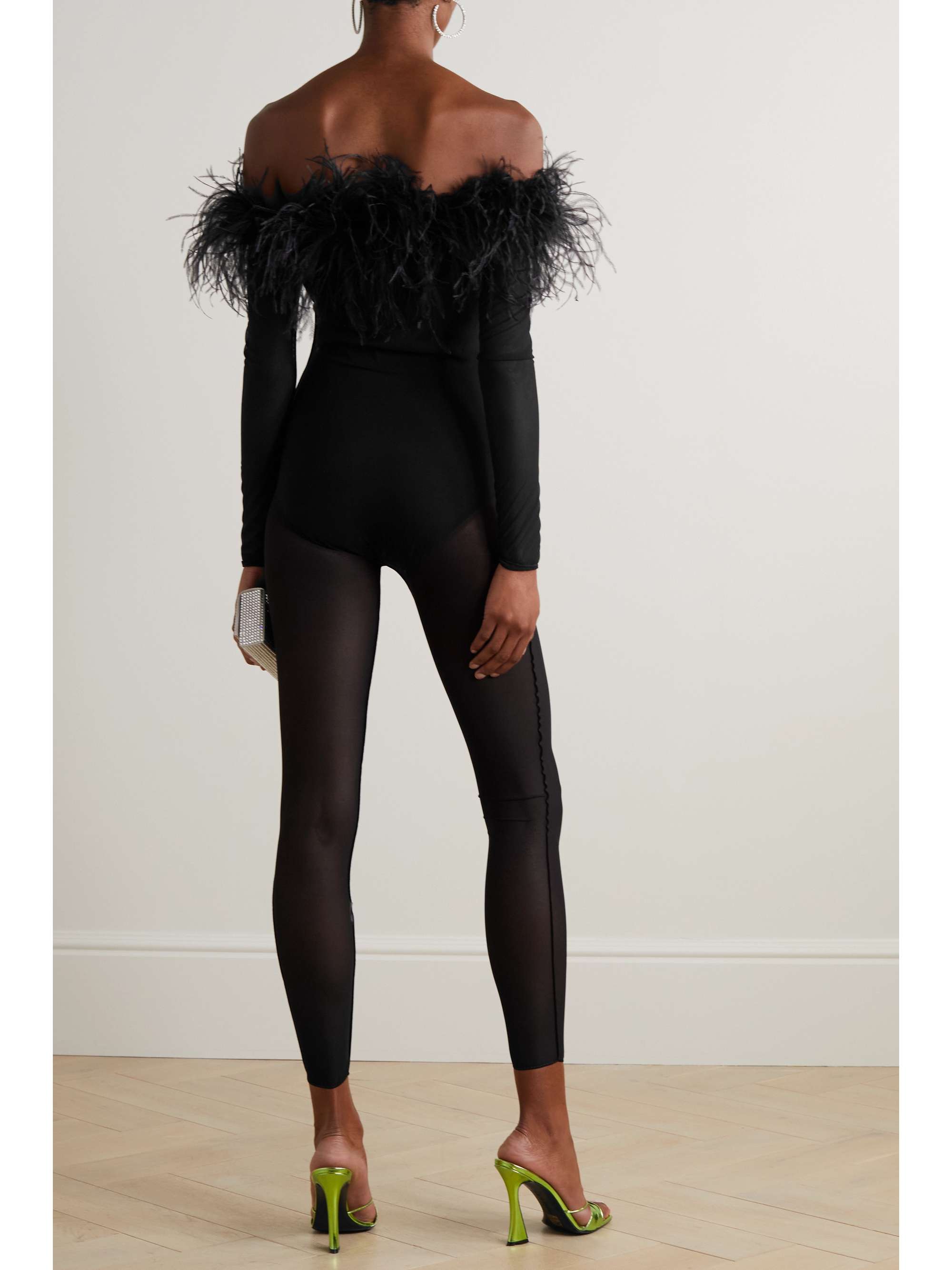 OSÉREE Off-the-shoulder feather-trimmed stretch-mesh jumpsuit