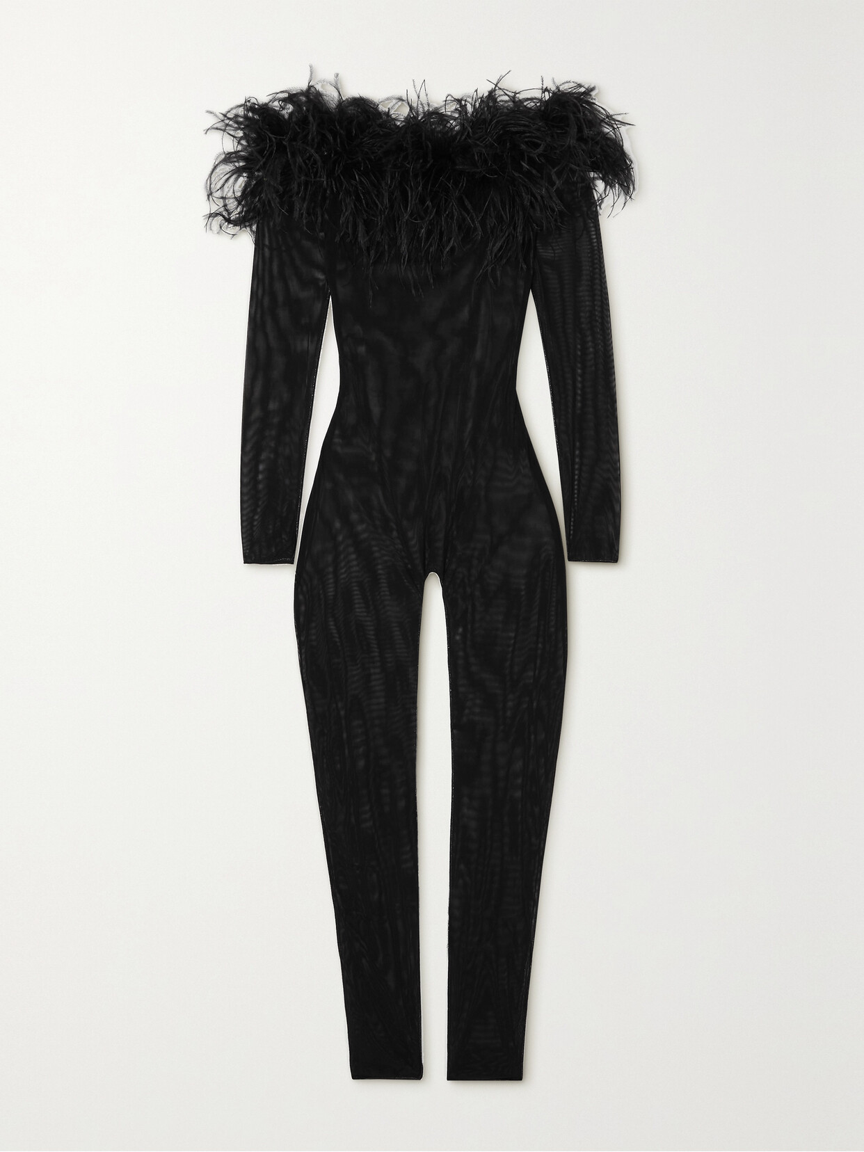 Oséree - Off-the-shoulder Feather-trimmed Stretch-mesh Jumpsuit - Black