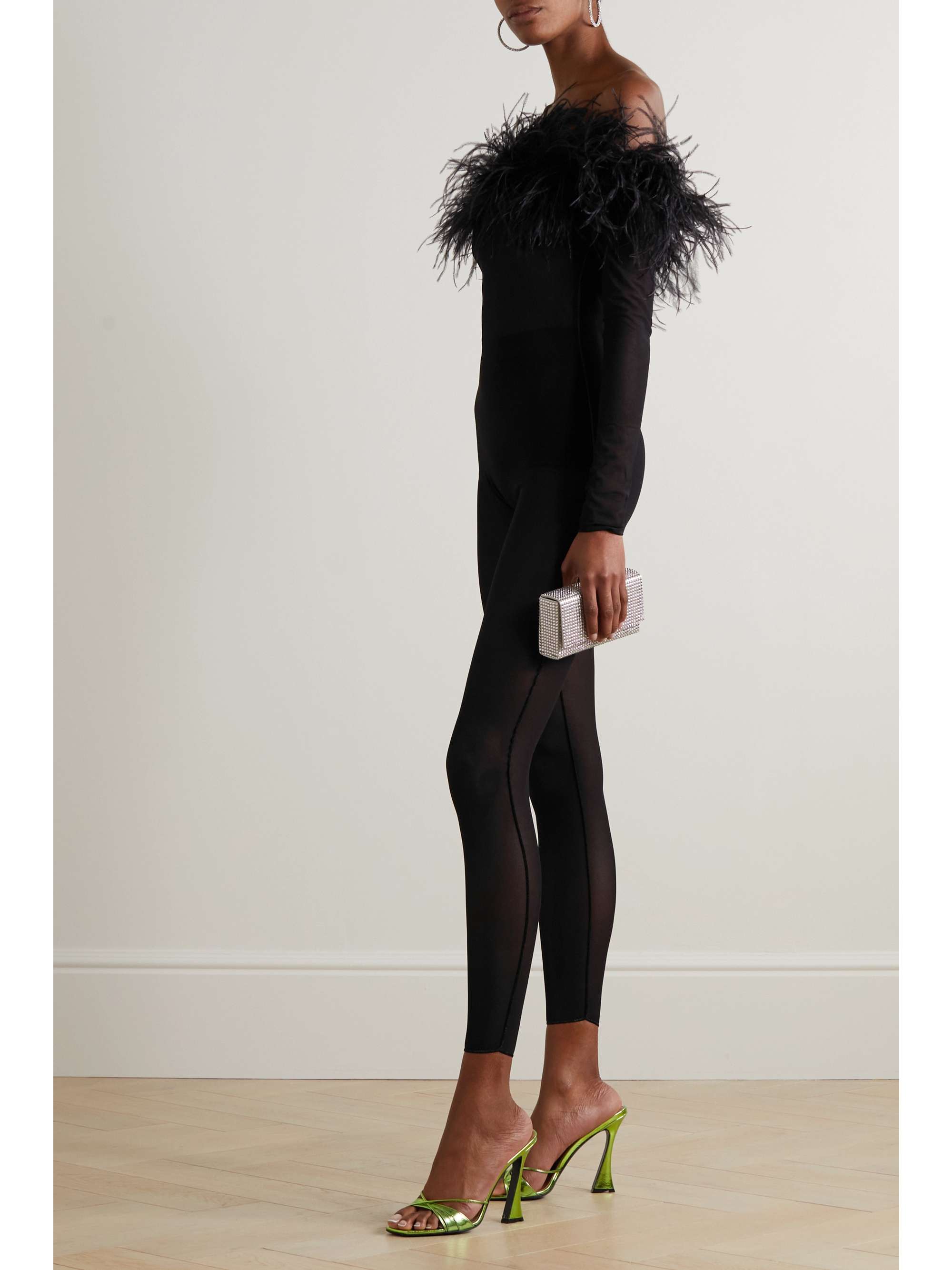 OSÉREE Off-the-shoulder feather-trimmed stretch-mesh jumpsuit