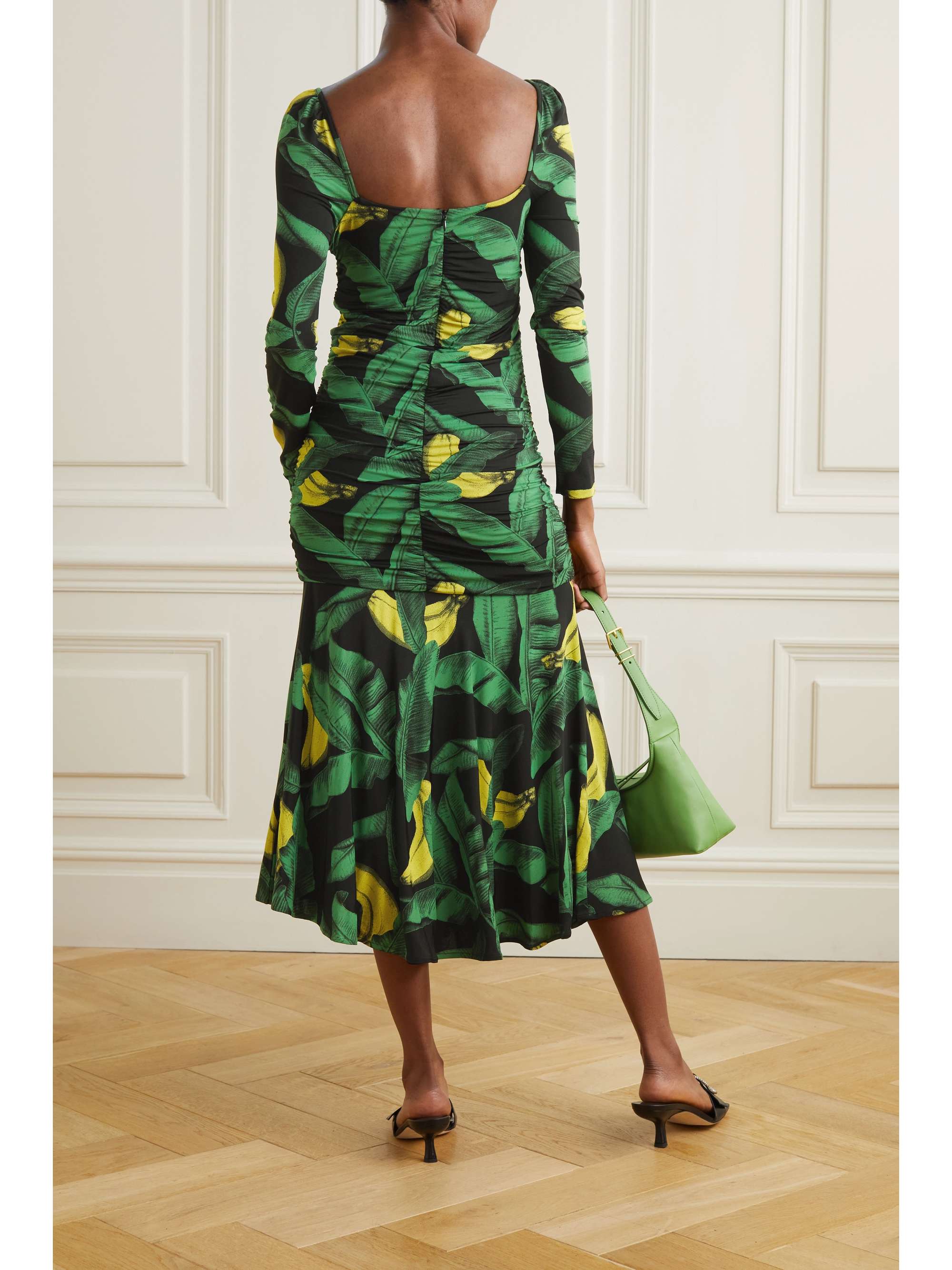 GANNI Ruched printed stretch-jersey midi dress