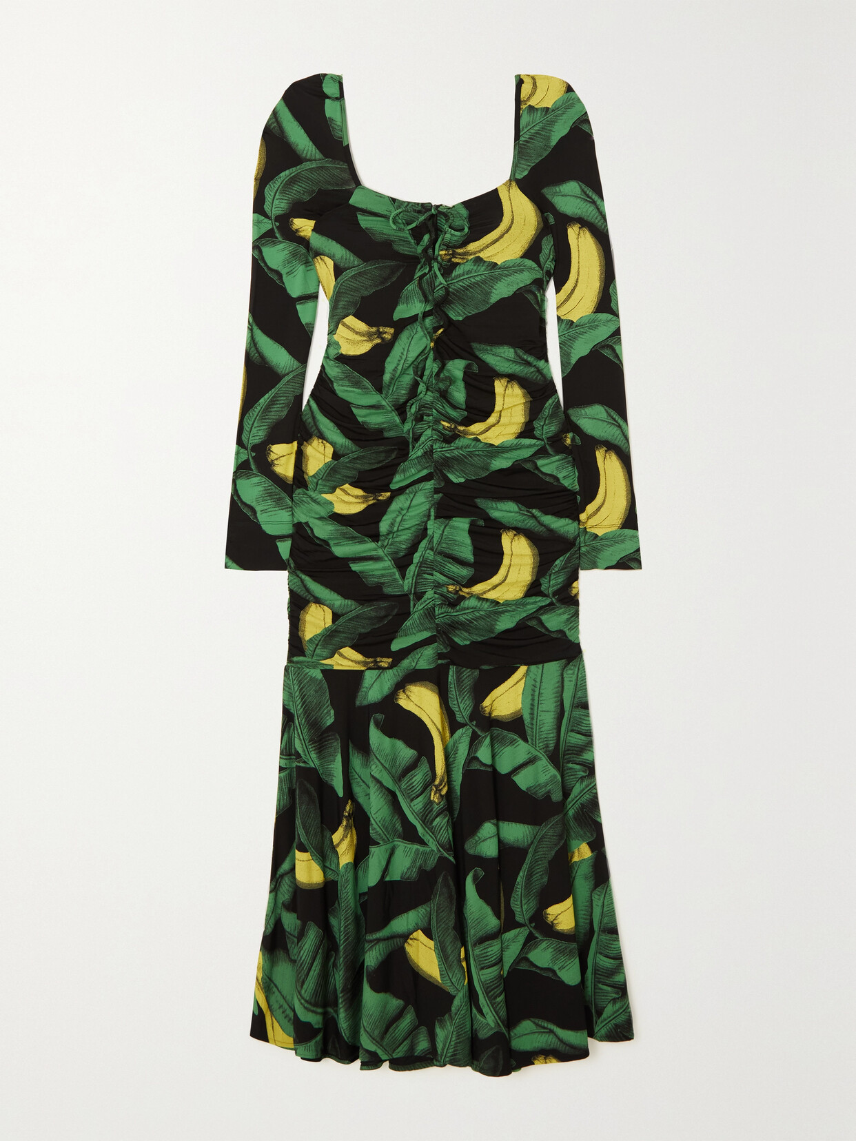Ganni Palm Print Long Sleeve Gathered Jersey Dress In Black