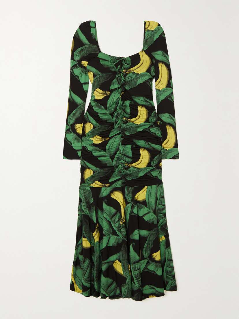 Ganni Ruched Printed Stretch-jersey Midi Dress