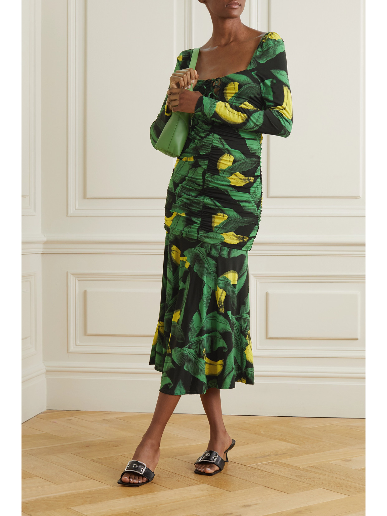Ganni Palm Print Long Sleeve Gathered Jersey Dress In Black