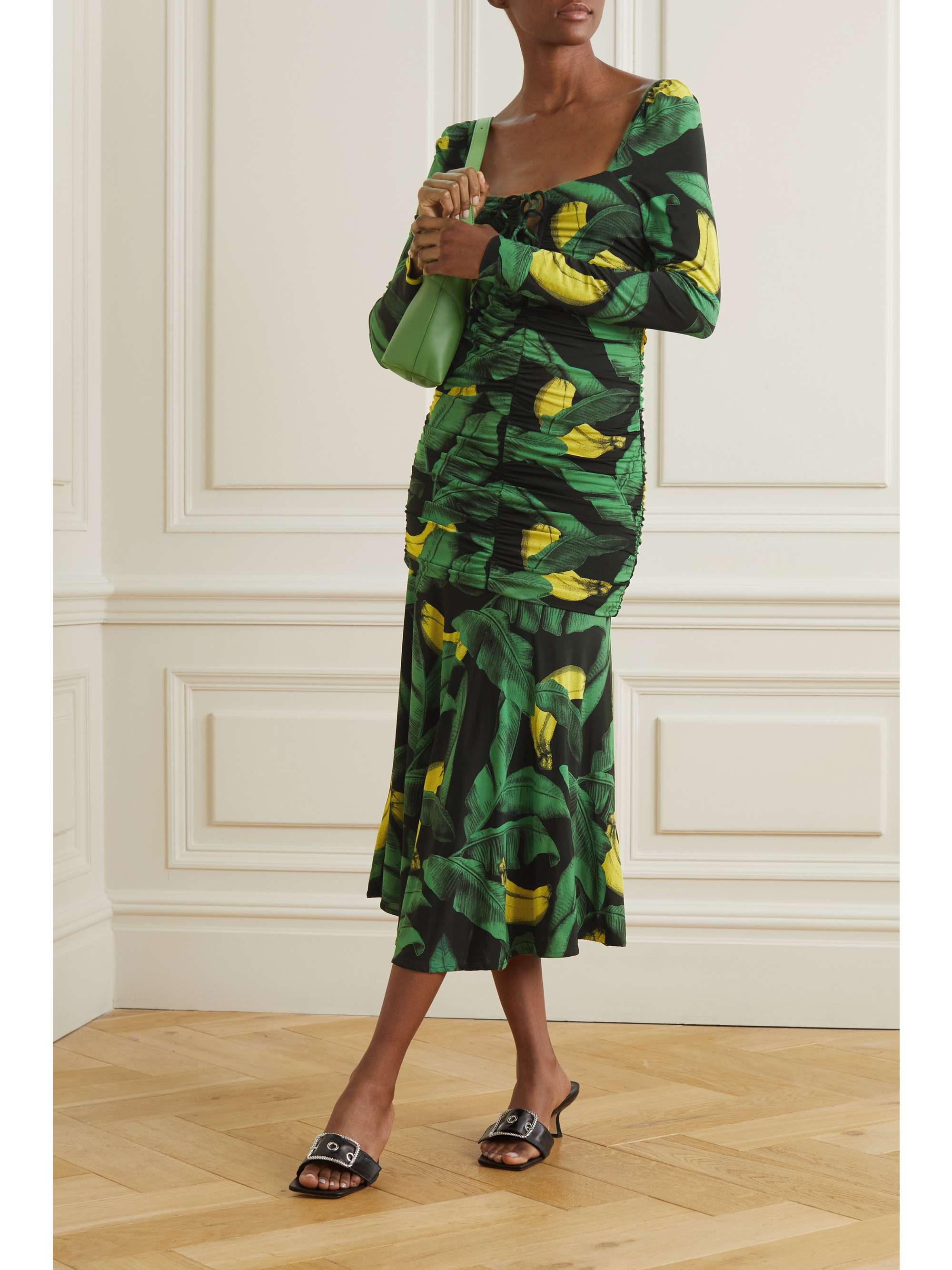 GANNI Ruched printed stretch-jersey midi dress