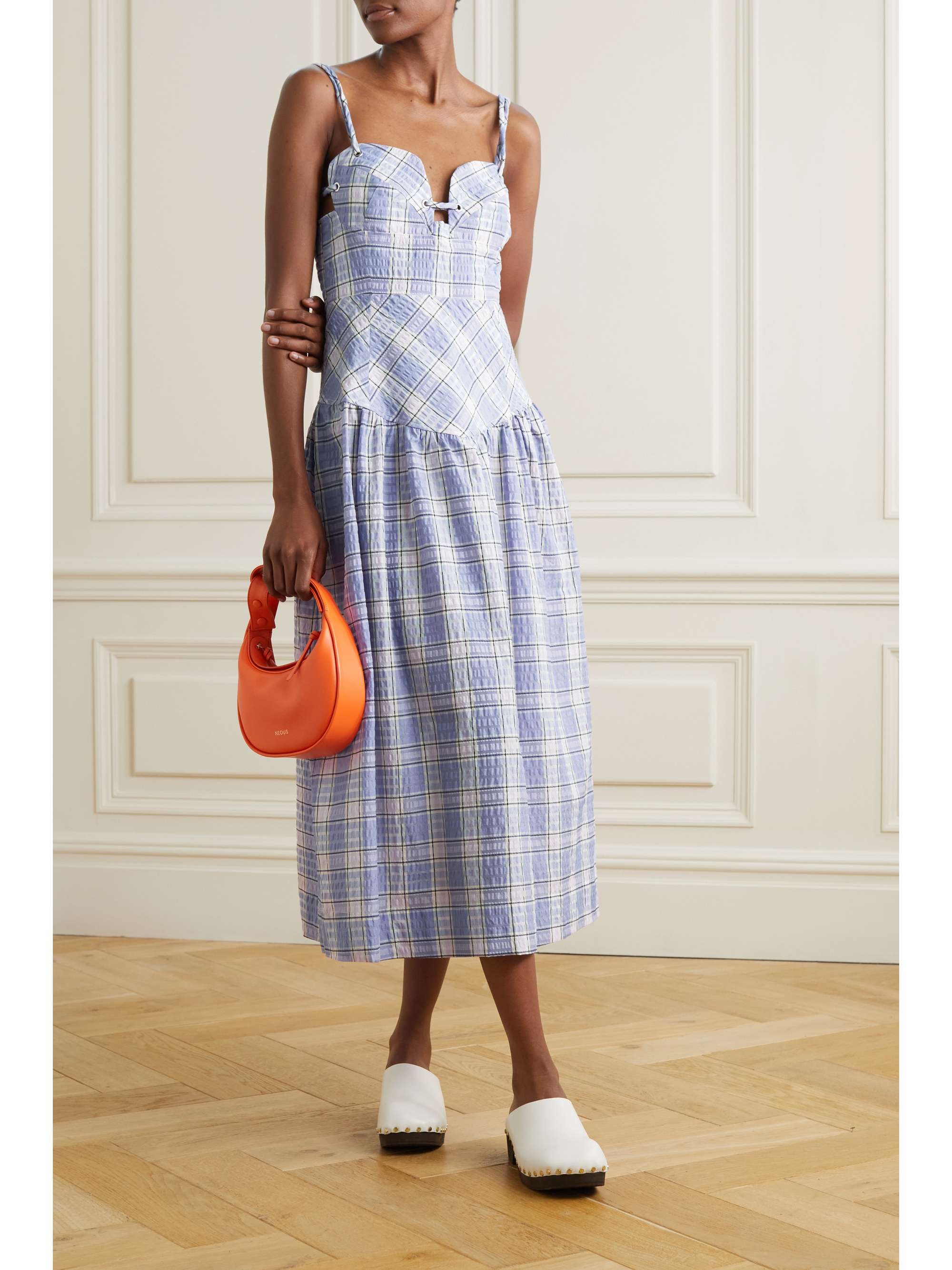 GANNI Checked organic cotton-blend seersucker midi dress | NET-A-PORTER