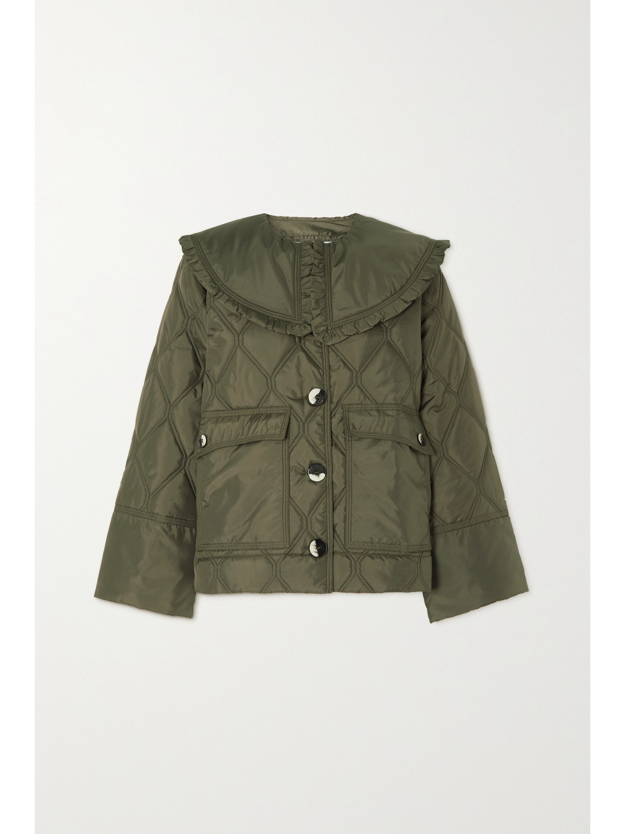 Ganni Ripstop Recycled Quilted Oversized Ruffle Collared Jacket In Green