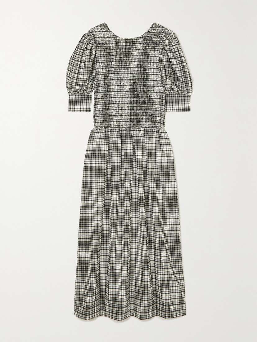 Ganni Shirred Checked Recycled Seersucker Midi Dress - EU 52
