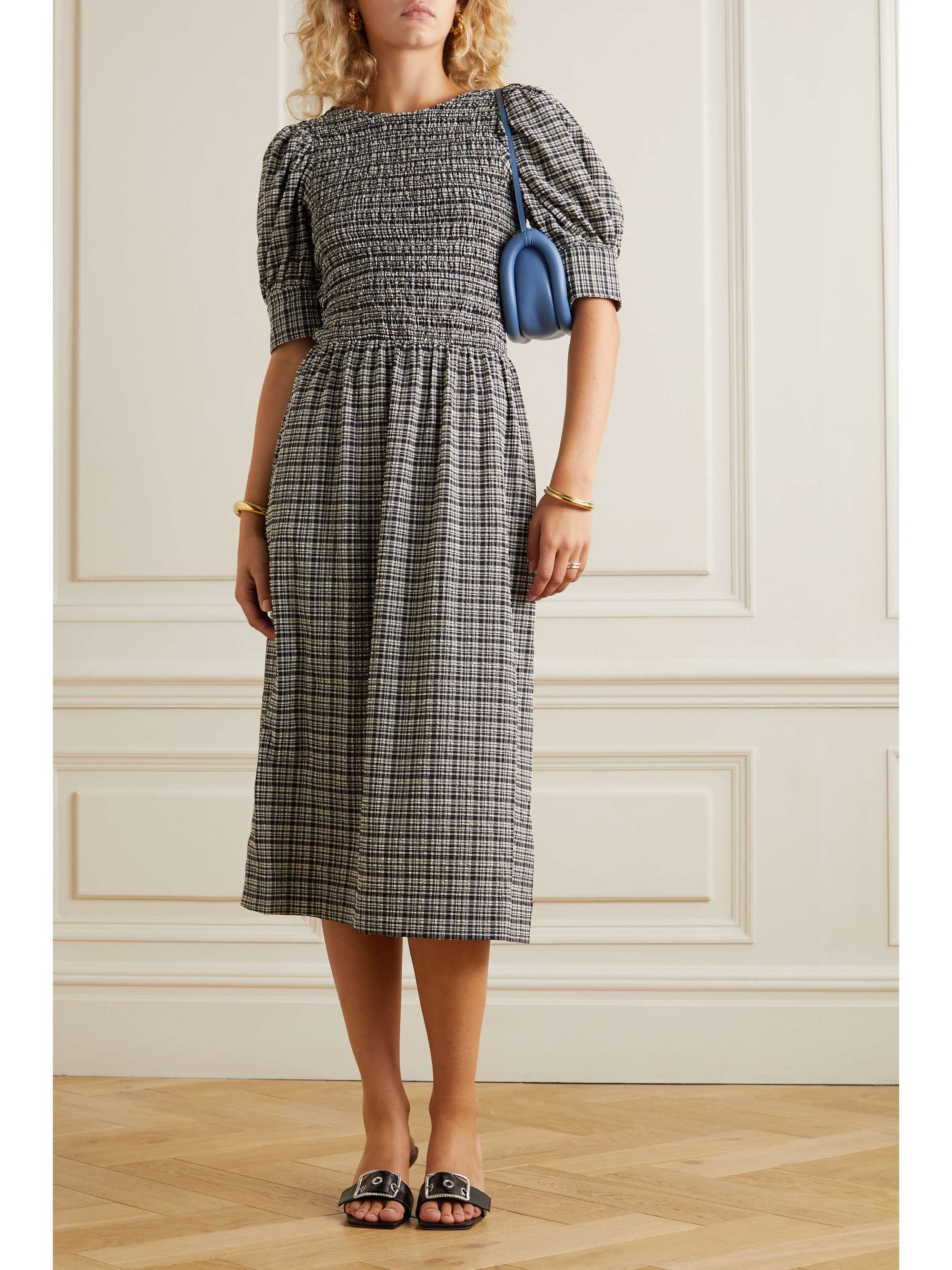 GANNI Shirred checked recycled seersucker midi dress | NET-A-PORTER