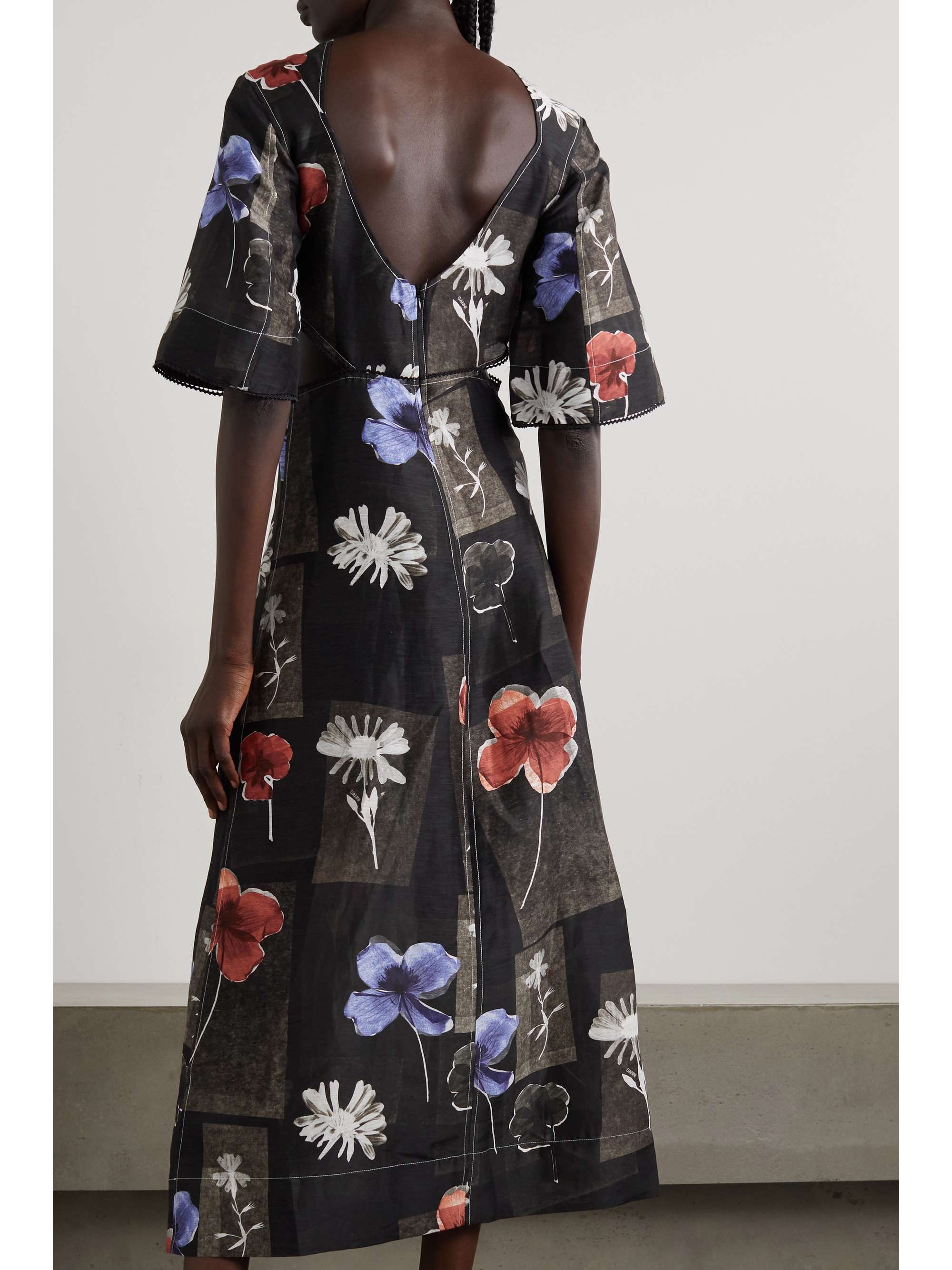 GANNI Cutout picot-trimmed floral-print linen and silk-blend midi dress