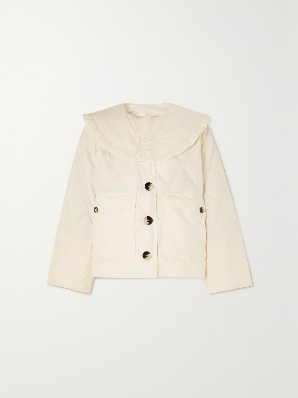 Ganni Ruffled-edge Quilted Recycled-ripstop Jacket In Off-white