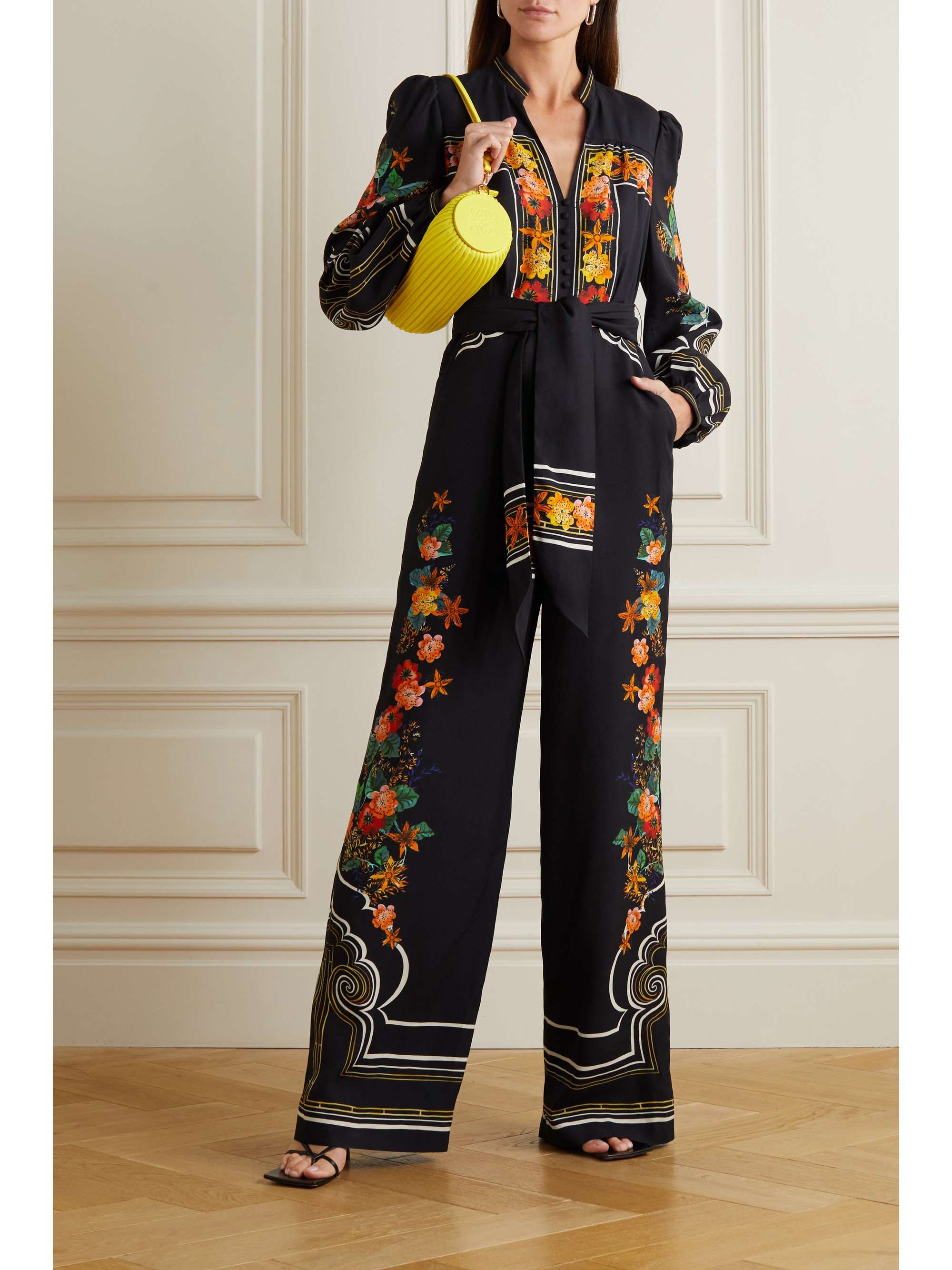 SALONI Bryce belted printed crepe jumpsuit