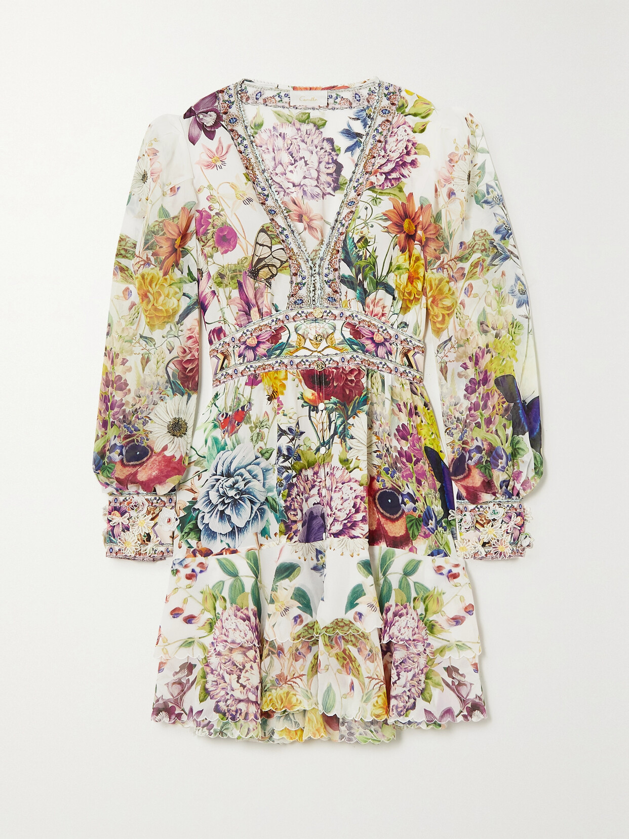 Camilla Appliquéd Tiered Floral-print Silk Crepe De Chine Mini Dress