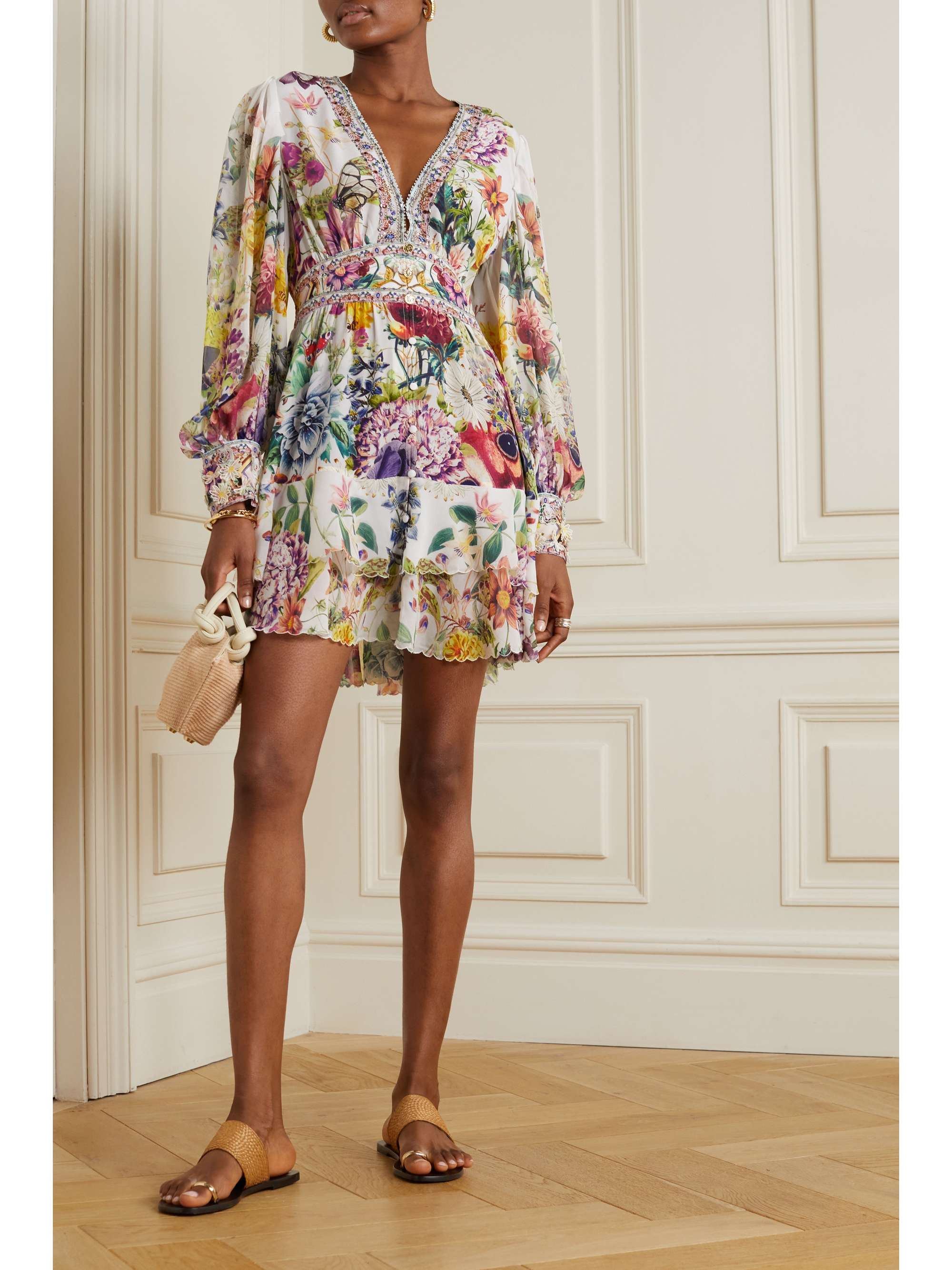 CAMILLA Appliquéd tiered floral-print silk crepe de chine mini dress