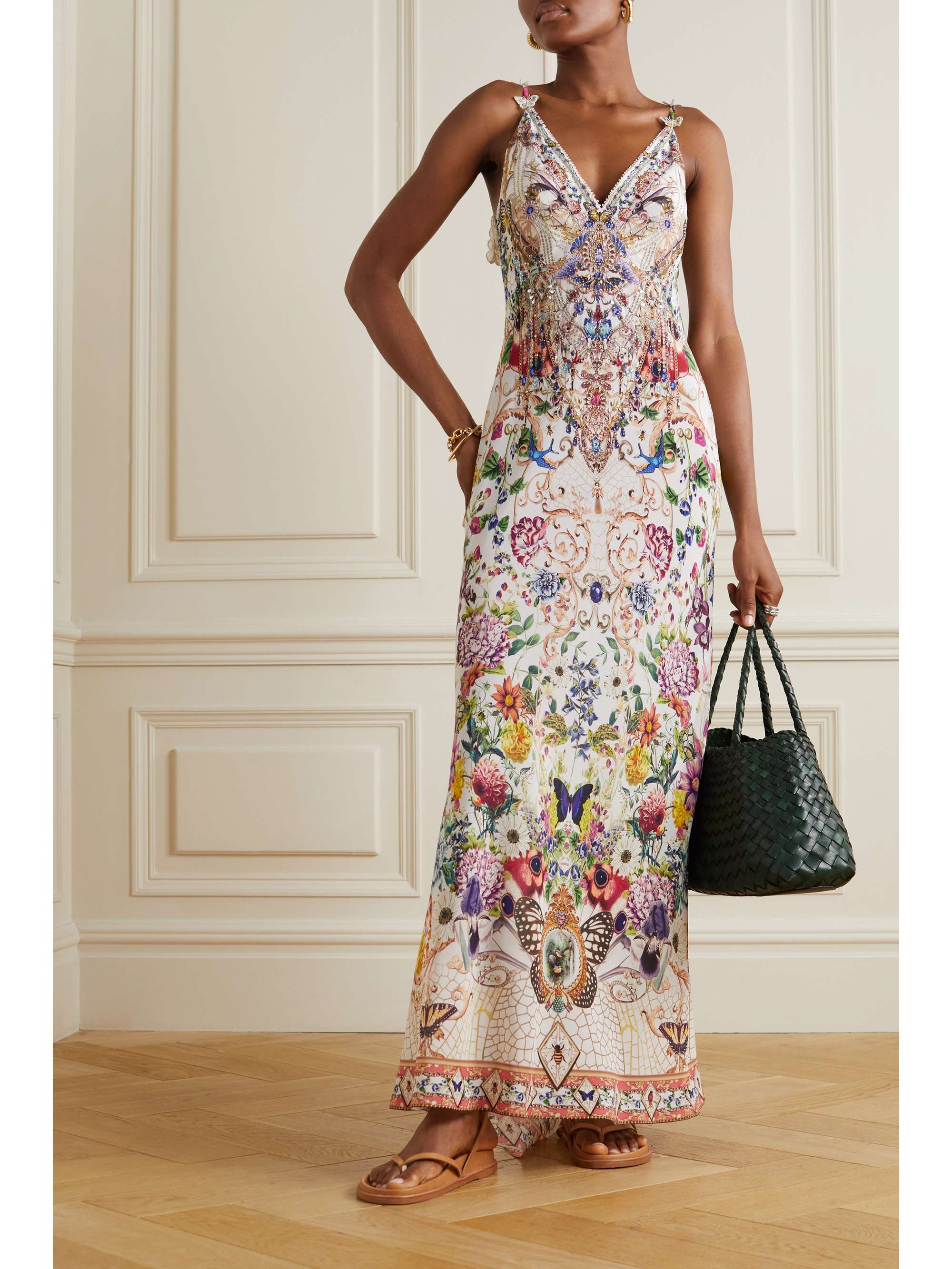 CAMILLA Bead-embellished appliquéd silk crepe de chine maxi dress