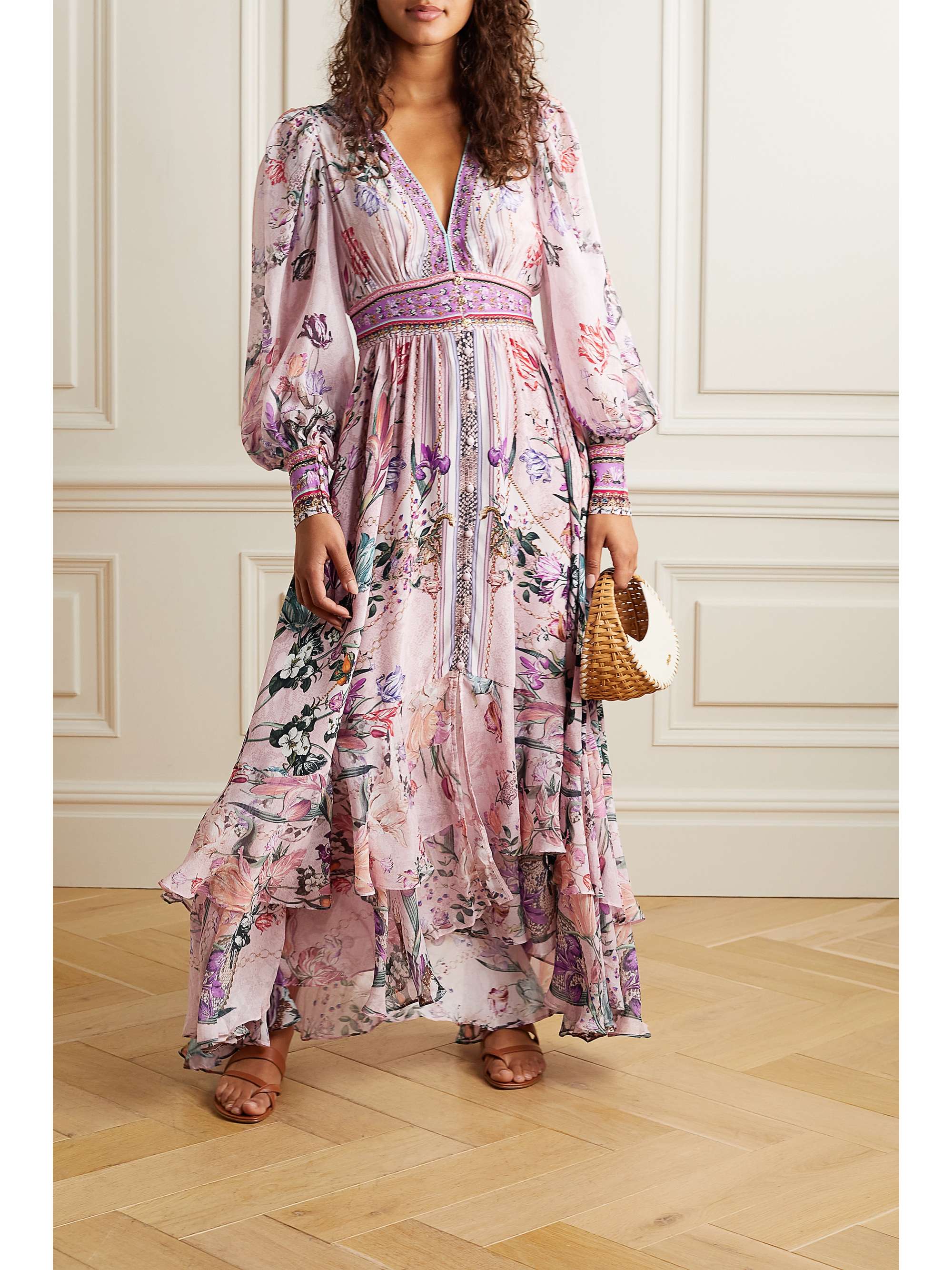 CAMILLA Embellished ruffled printed silk-crepe and chiffon maxi dress
