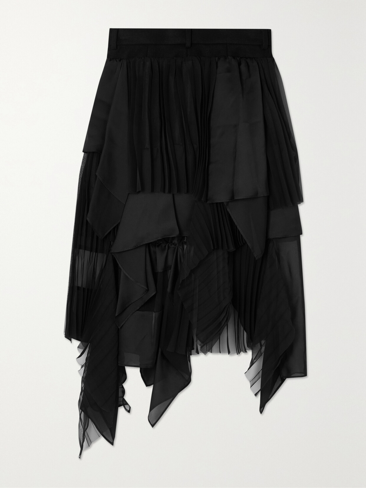 Sacai Asymmetric Pleated Crepe, Tulle And Satin Skirt In Black