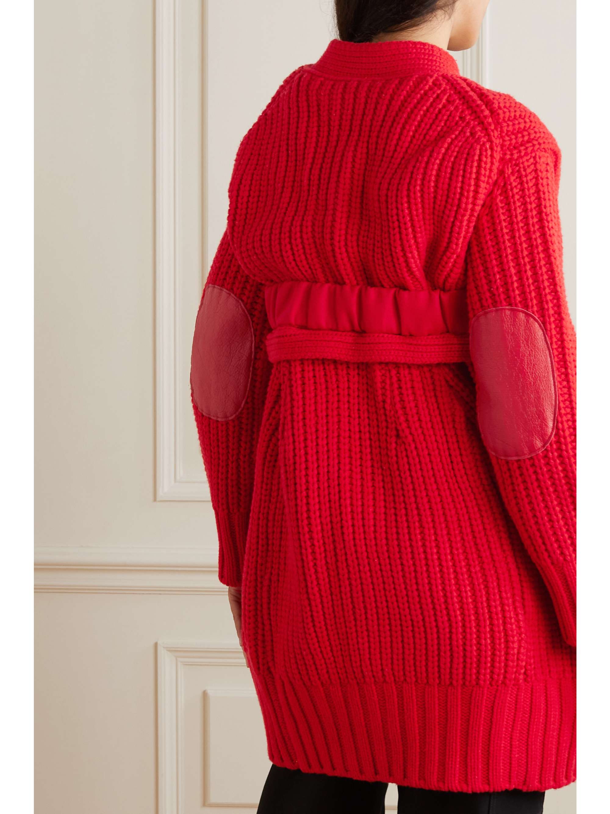 Leather-trimmed layered ribbed wool-blend cardigan
