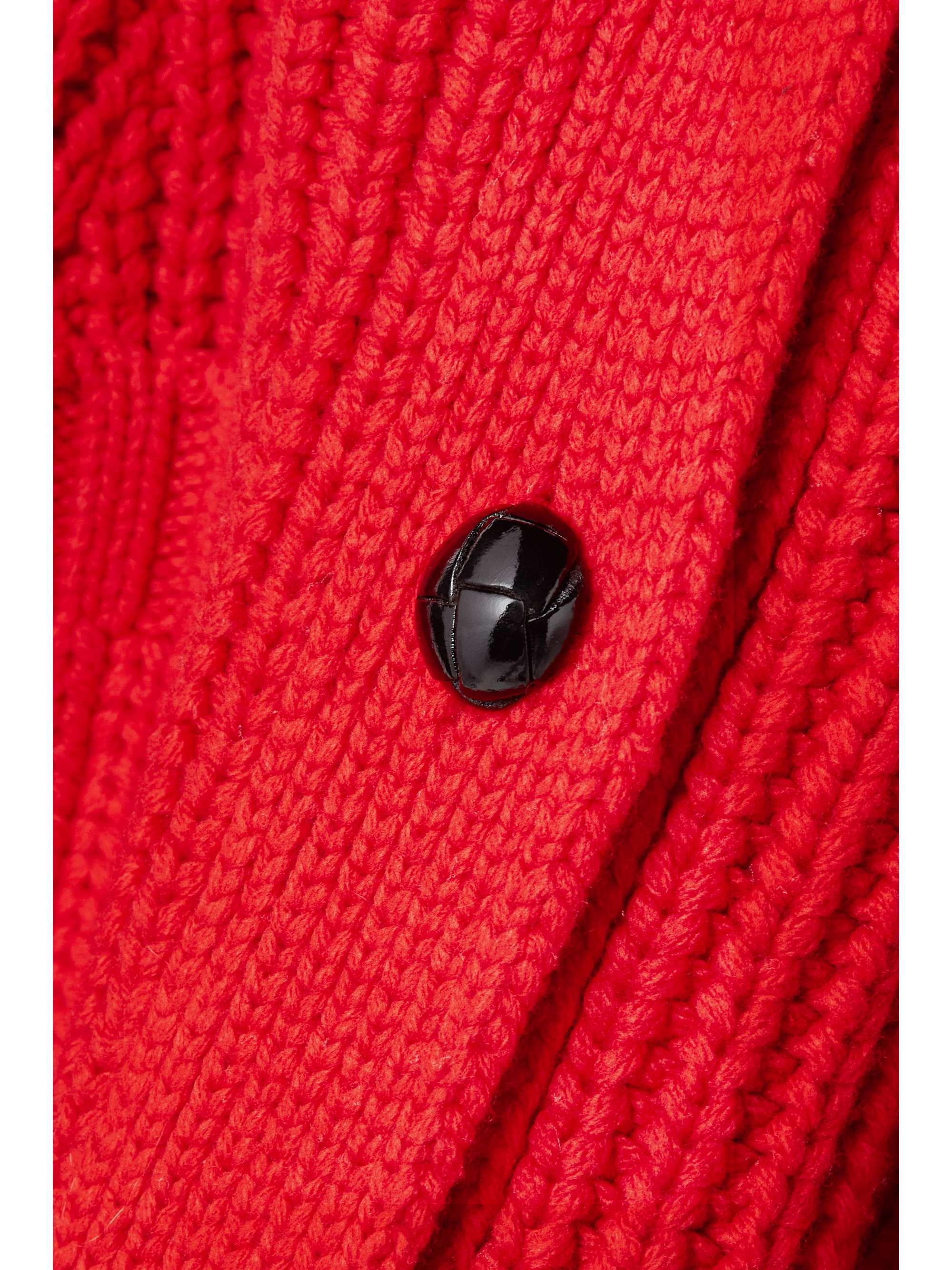 Leather-trimmed layered ribbed wool-blend cardigan