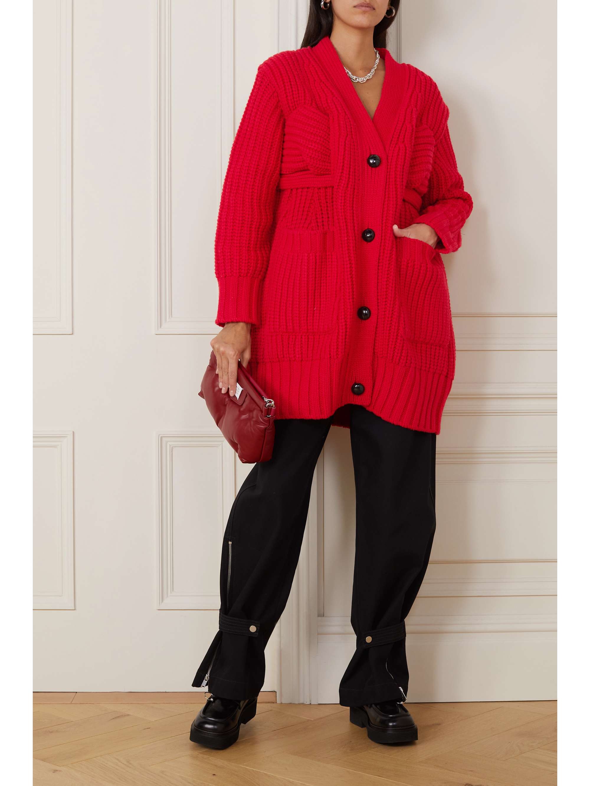 Leather-trimmed layered ribbed wool-blend cardigan