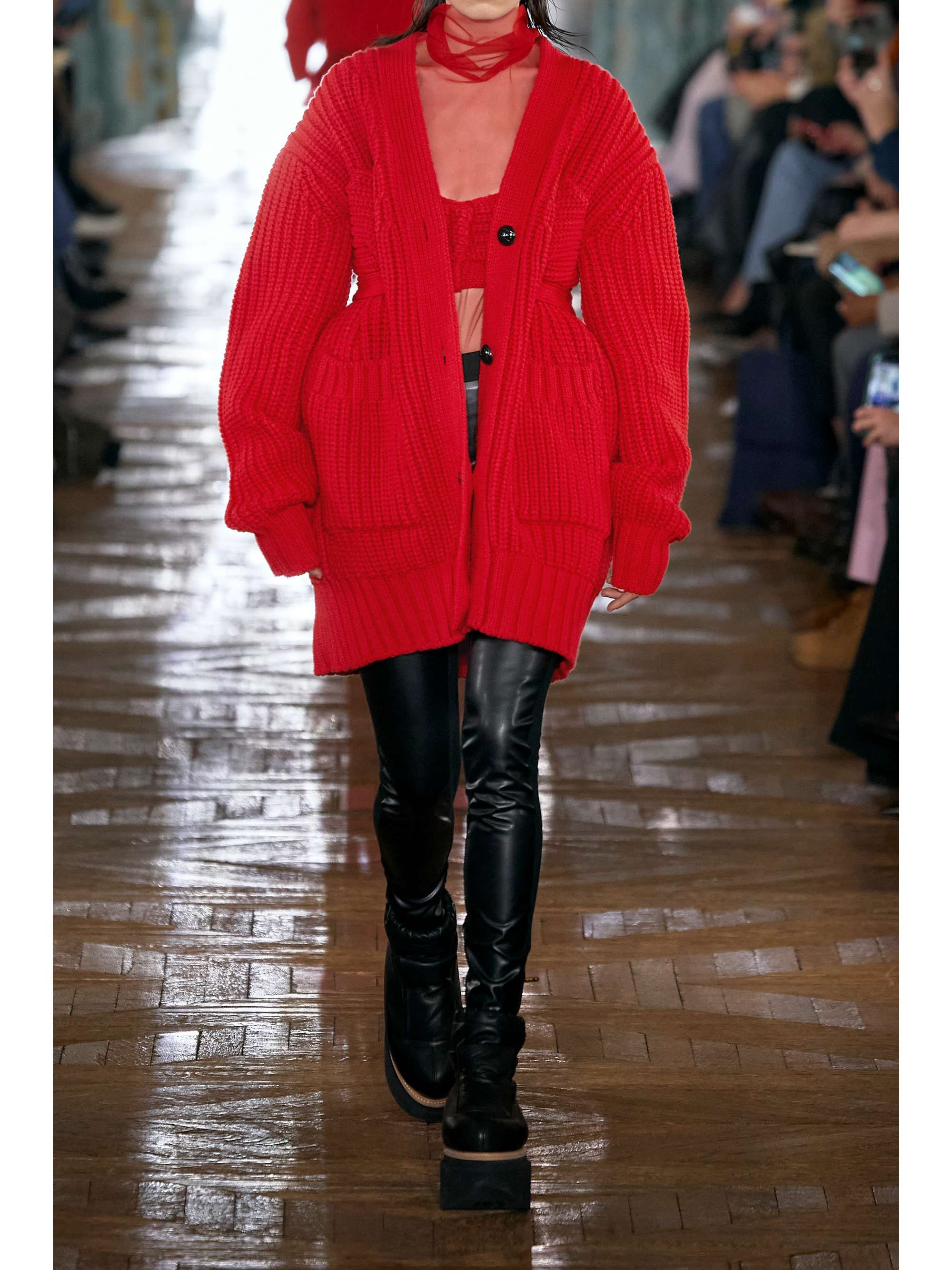 SACAI Leather-trimmed layered ribbed wool-blend cardigan