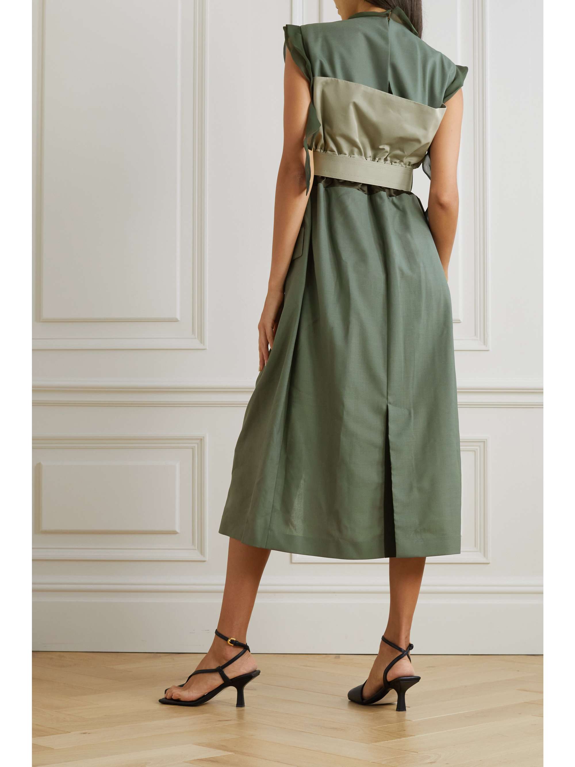 SACAI Belted paneled chiffon-trimmed woven midi dress