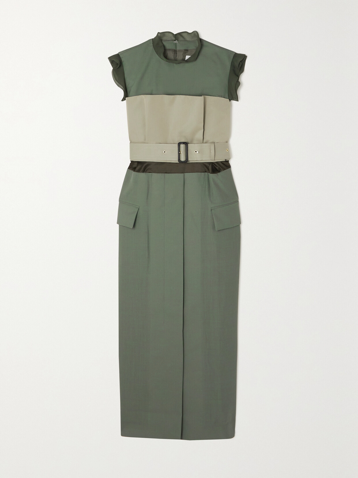 Sacai Belted Paneled Chiffon-trimmed Woven Midi Dress In Green