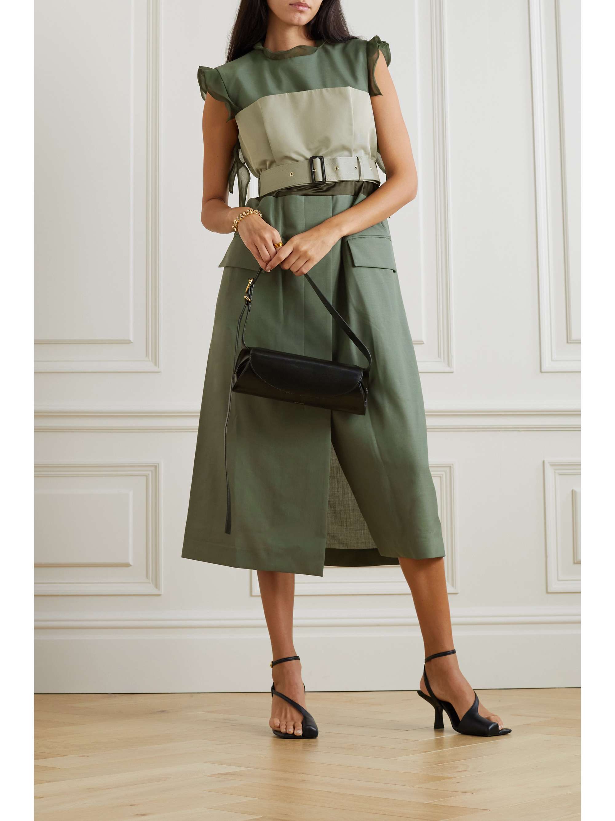 SACAI Belted paneled chiffon-trimmed woven midi dress