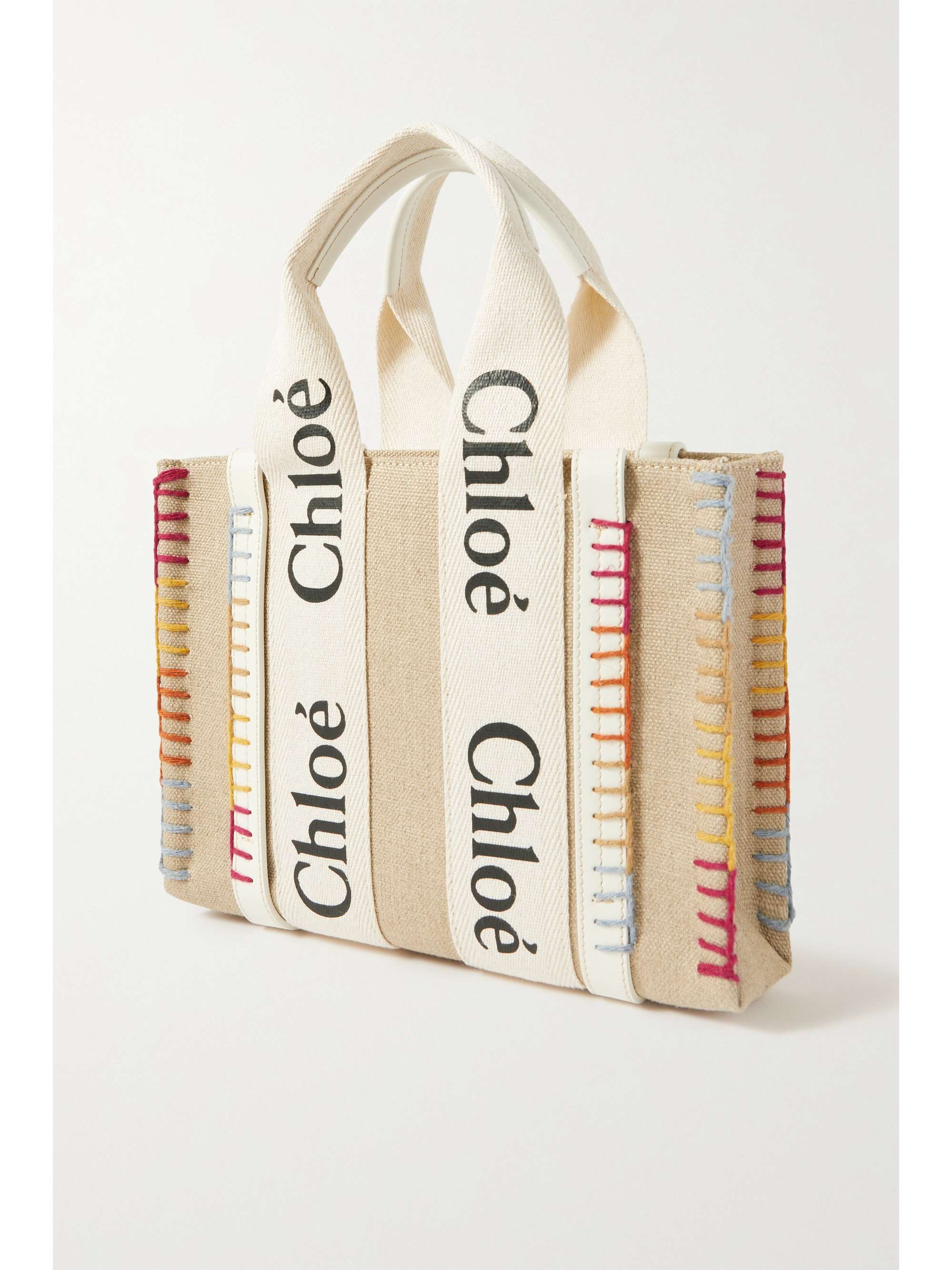 CHLOÉ Woody small leather-trimmed linen-canvas tote